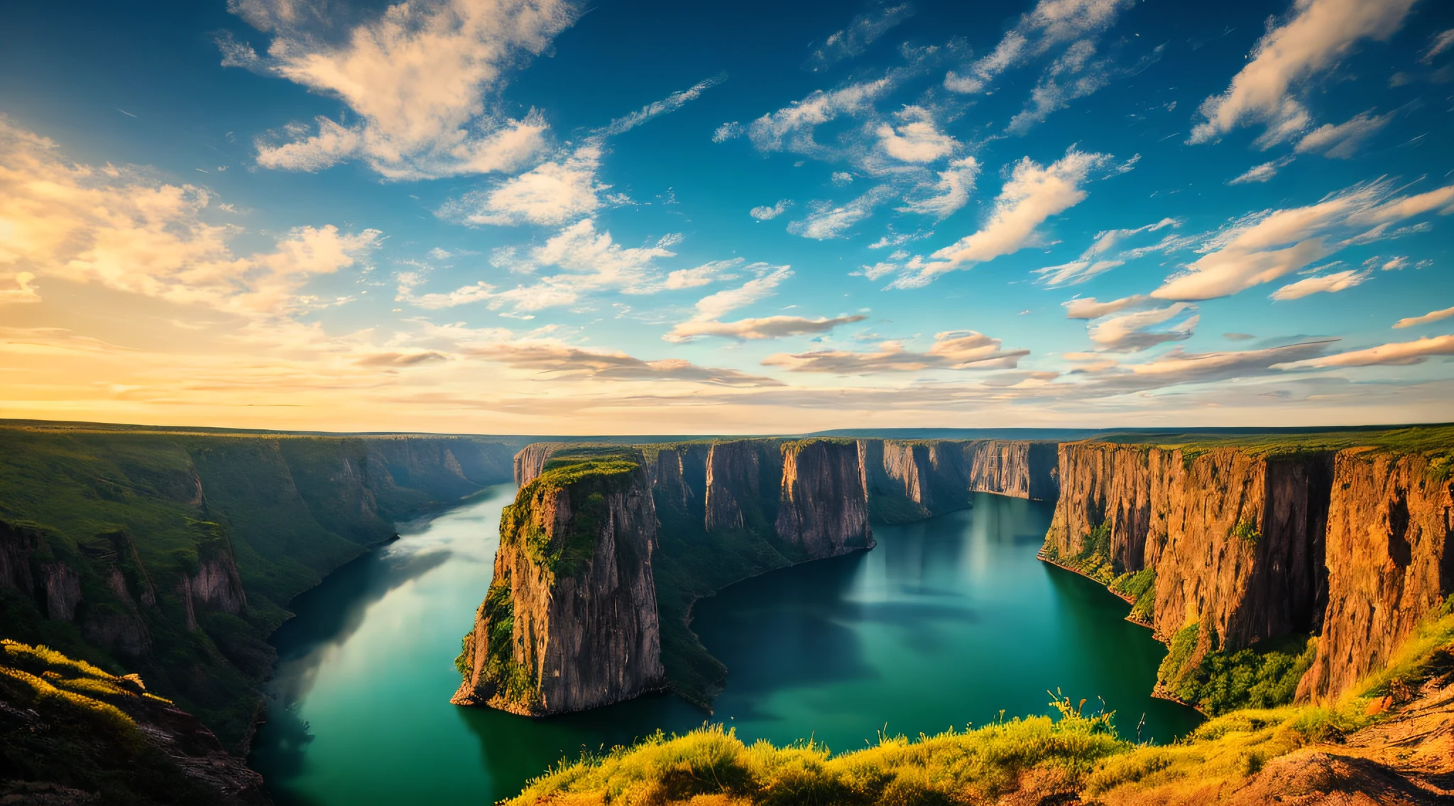 Masterpiece, ultimate quality, Cg unity 8k wallpaper, super delicate, beautiful sky and clouds, rich natural scenery, cliffs, lakes and rivers, waterfalls and flying water, beautiful green mountains, no trace of people, excellent scenery, has already won a photo contest, background Blurring, full depth of field, HDR high dynamics, true restoration, intricate, extreme details, dramatic presentation, perfectly presenting the style of midjourney art.