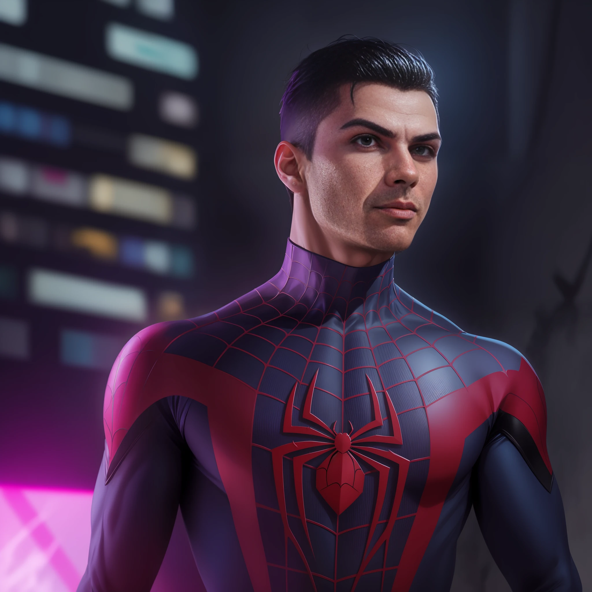 aranha - homem em um terno com uma aranha vermelha e azul, Estilo futurista Homem-Aranha, Cristiano Ronaldo como Miles Morales, fan art, Retrato do Homem-Aranha, spider - estilo de arte verso, vibrant fan art, Peter Parker, fanart requintada altamente detalhada, hero pose colorful city lighting, Tony Sart altamente detalhado
