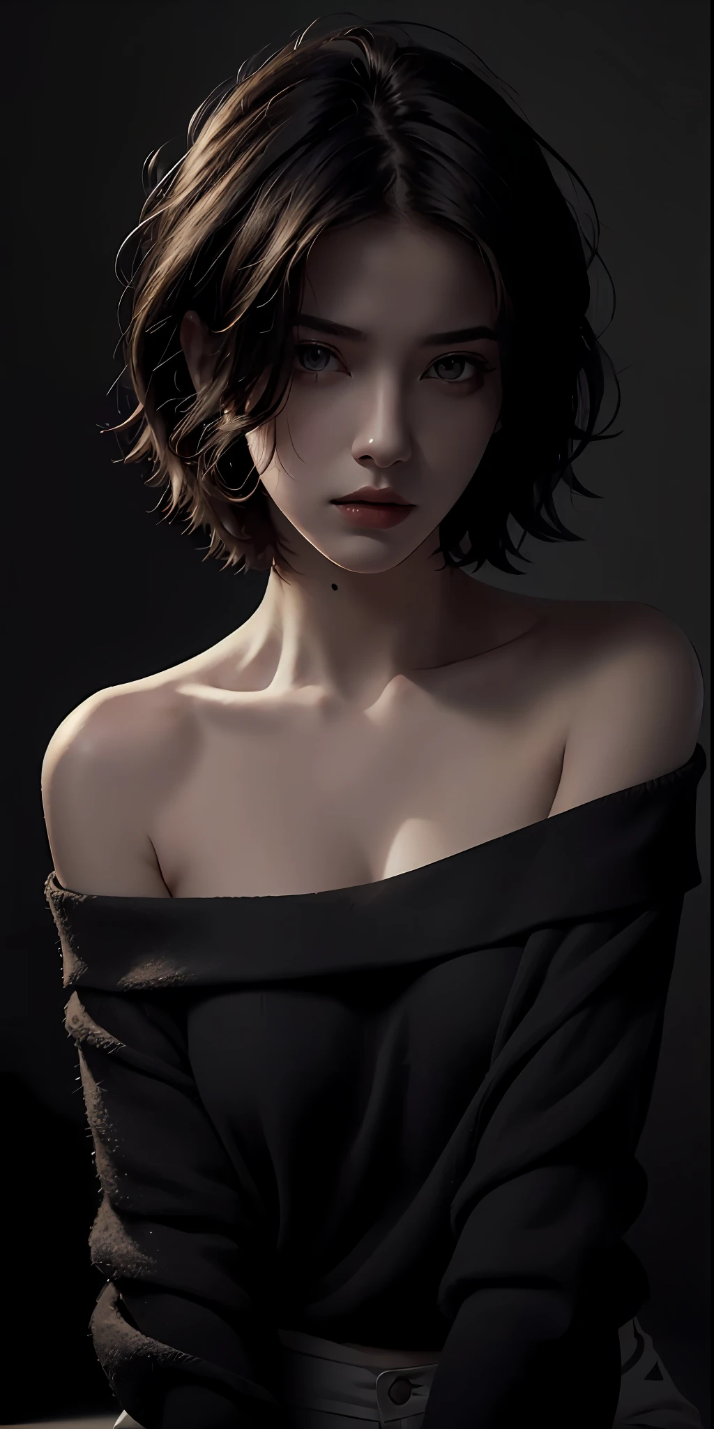 (best illumination, best shadow, extremely high resolution), (realistic:1.5), photo, (sexy look:1.2), female model with off-shoulder top, (dark ambiance:1.3), deep shadow, cold color temperature, (short hair:1.2).