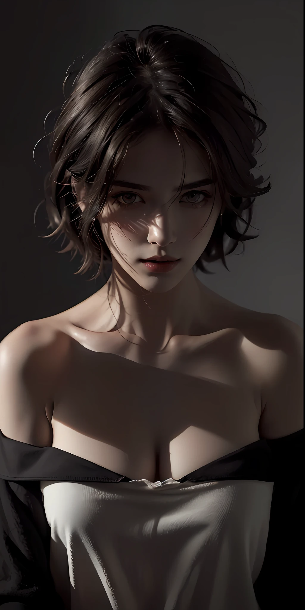 (best illumination, best shadow, extremely high resolution), (realistic:1.5), photo, (sexy look:1.2), female model with off-shoulder top, (dark ambiance:1.3), deep shadow, cold color temperature, (short hair:1.2).