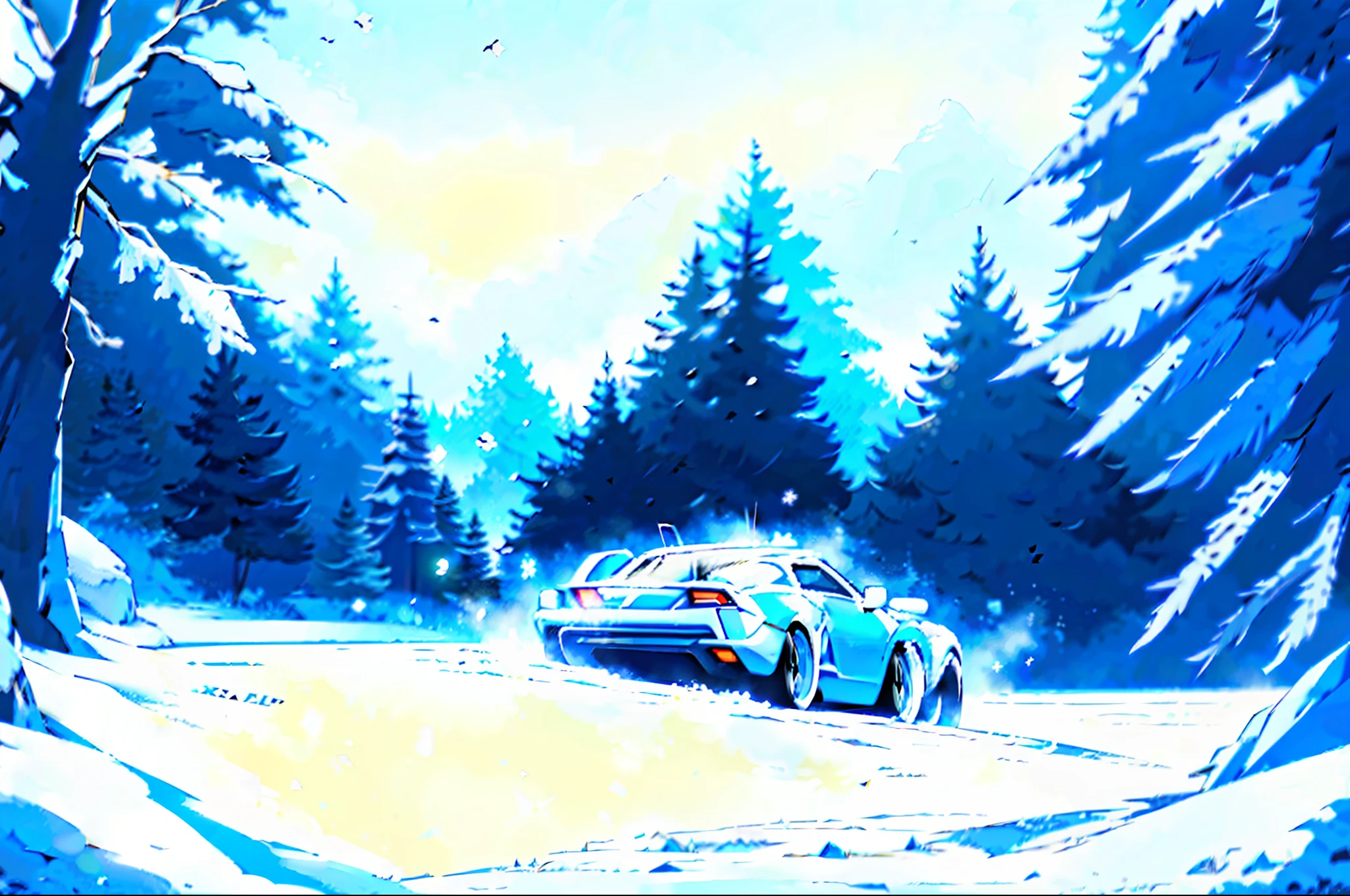 A sports car sped through the snow，Snowflakes from the body and tires fluttered in the air。The whole photo is dominated by white，The shades of blue and gray trees in the snow contrast with the sports car。 —c 10 —ar 2:3