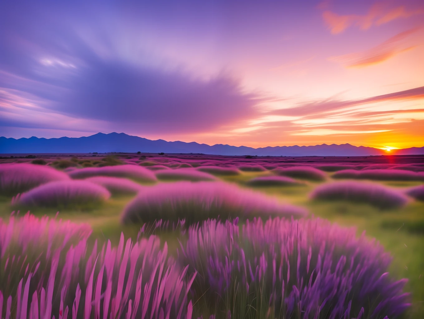 Absolutely mesmerizing sunset,The sky is mixed with purple、Pink and yellow。The scene is full of movement,breath taking,Nearby is the endless grassland,Small flowers of various colors,In the distance, the mountains loom and are immersed in a calm atmosphere,Let tranquility envelop you。
