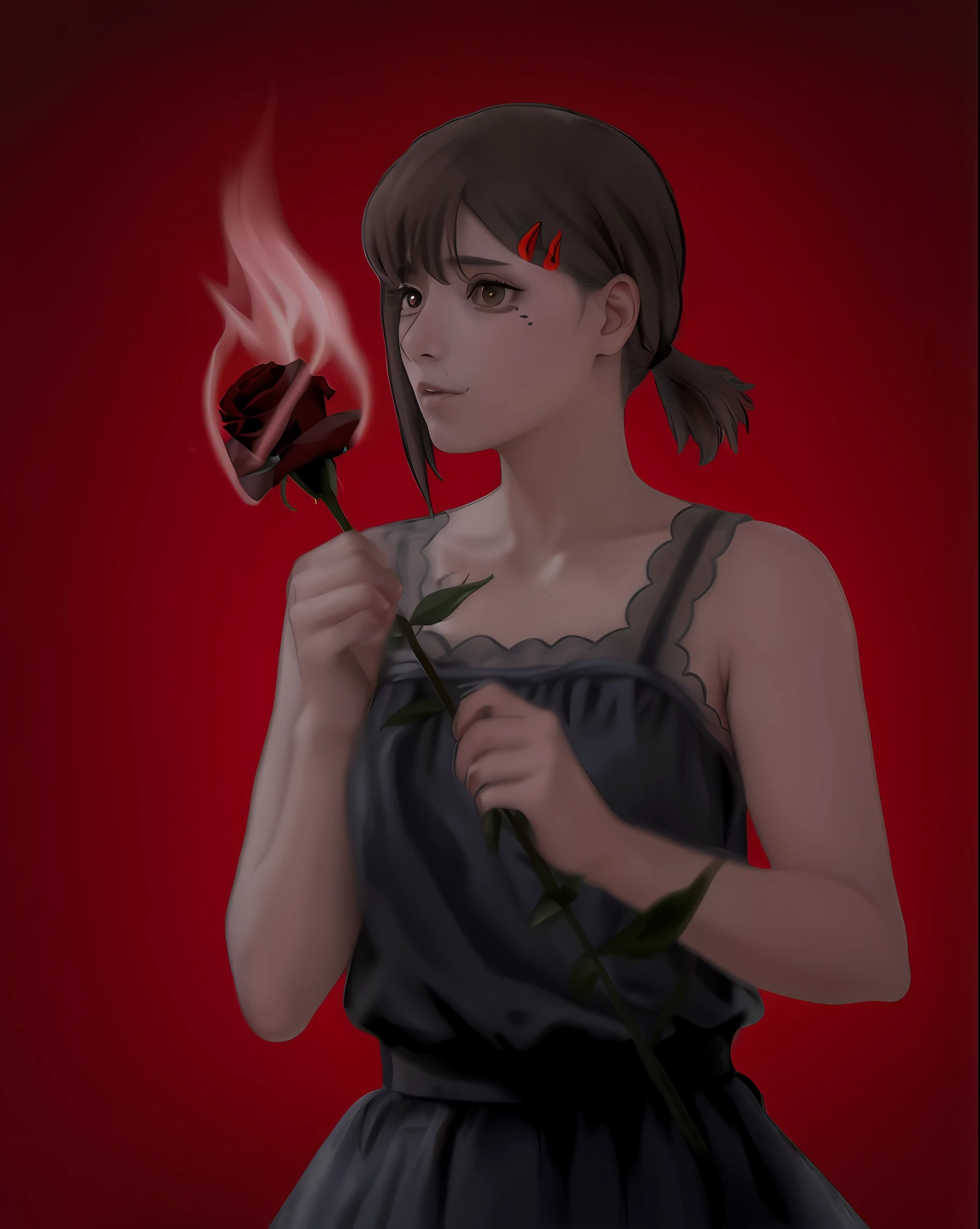 Mujer con una rosa prendiendo fuego reaista solo el fuego, lo demas tal y como esta