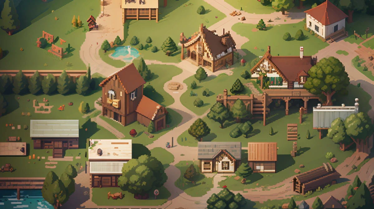 (melhor qualidade), cria um mapa medieval em pixel art de alta qualidade que apresenta casas, A large forest and details with vivid colors and sharp pixels, Add a large potions shop with ladder and tower,PIXELS DEFINITIVOS, Quality isometer, put a POOL OF BLOOD IN THE MIDDLE OF THE MAP --auto
