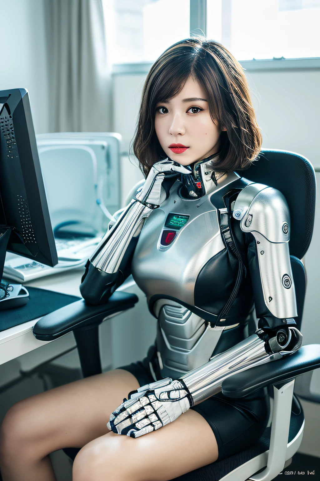 (8k, RAW photo, best quality, masterpiece:1.2), (realistic, photo-realistic:1.37), ultra-detailed, wallpaper, 1girl, cute, look-like (Watanabe-Mayu), detailed face, (cyborg eye), short hair),(complex 3d render ultra detailed of a sci-fi white-iron suit:1.2), (android face:1), (cyborg), (robotic parts), (luxurious cyberpunk), (hyperrealistic), (anatomical), (cable electric wires), (microchip), (robot), (silver halmet), (Sit upright in an office chair), (full-body:1), detailed office, morning, professional lighting, cinematic lighting, photon mapping, radiosity, physically-based rendering,