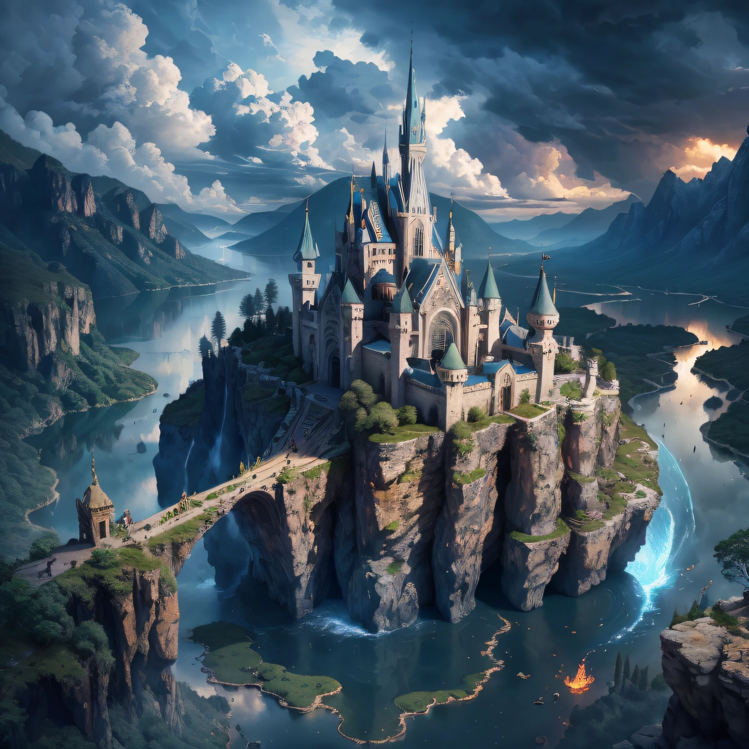 High resolution, super detailed, official art, unified 8k wallpaper, super detailed, beautiful and aesthetic, elven kingdom, castle built on a cliff, world tree, vines, thorns, dark, forest, lake, sky, clouds, magic, fantasy incredible, supersaturated, surreal, high resolution, artgerm, masterpiece, super detailed, epic composition, high quality, highest quality, 16k