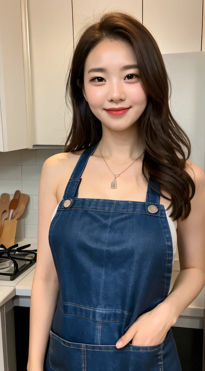 (Best quality, 8k, masterpiece: 1.3), a beautiful woman with perfect figure: 1.4, dark brown hair, wearing a pendant, wearing an apron, in the kitchen, highly detailed face and skin, detailed eyes, double eyelids, big breasts, smile