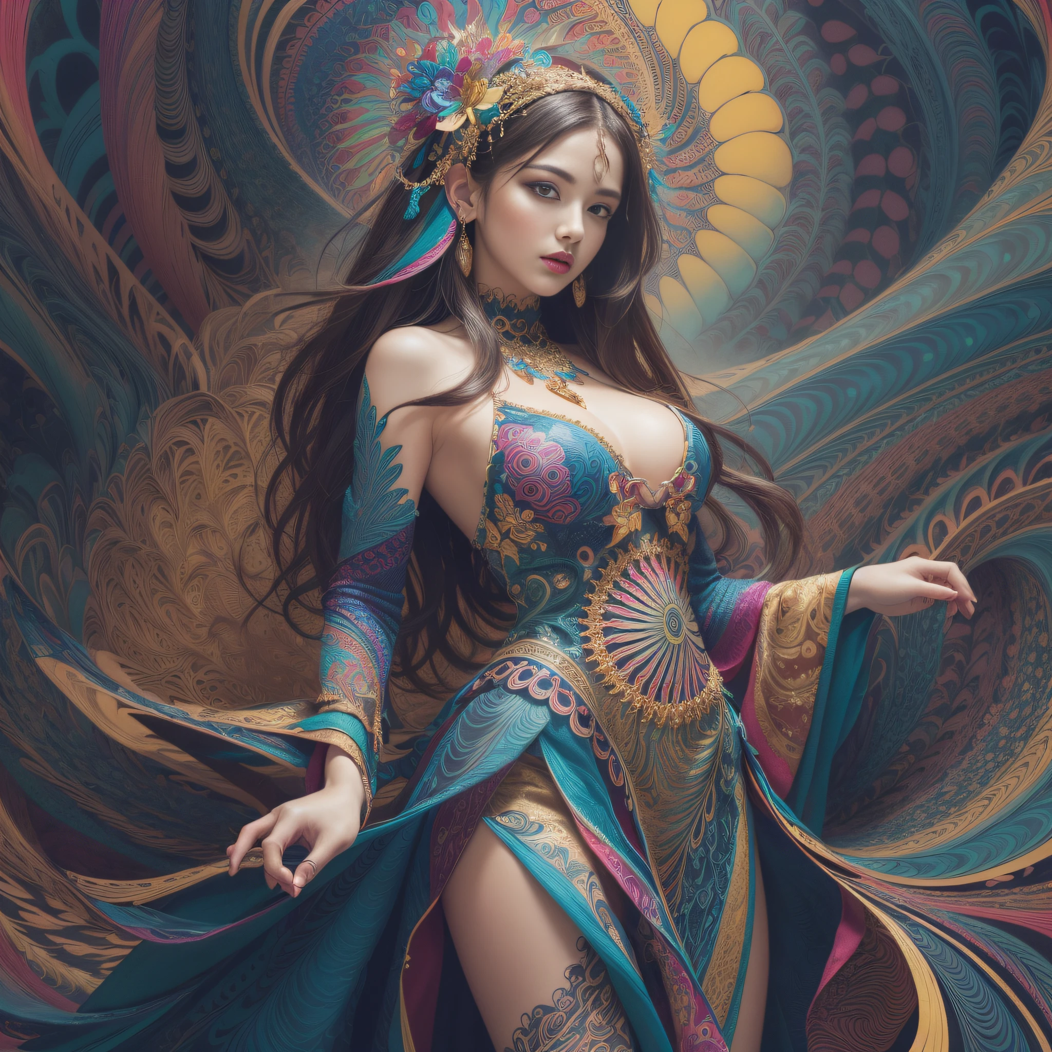 (masterpiece, top quality, best quality, official art, beautiful and aesthetic:1.2), (1girl:1.3), extremely detailed,(fractal art:1.2),colorful,highest detailed,(zentangle:1.2), (dynamic pose), (abstract background:1.5), (treditional dress:1.2), (shiny skin), (many colors:1.4), upper body
