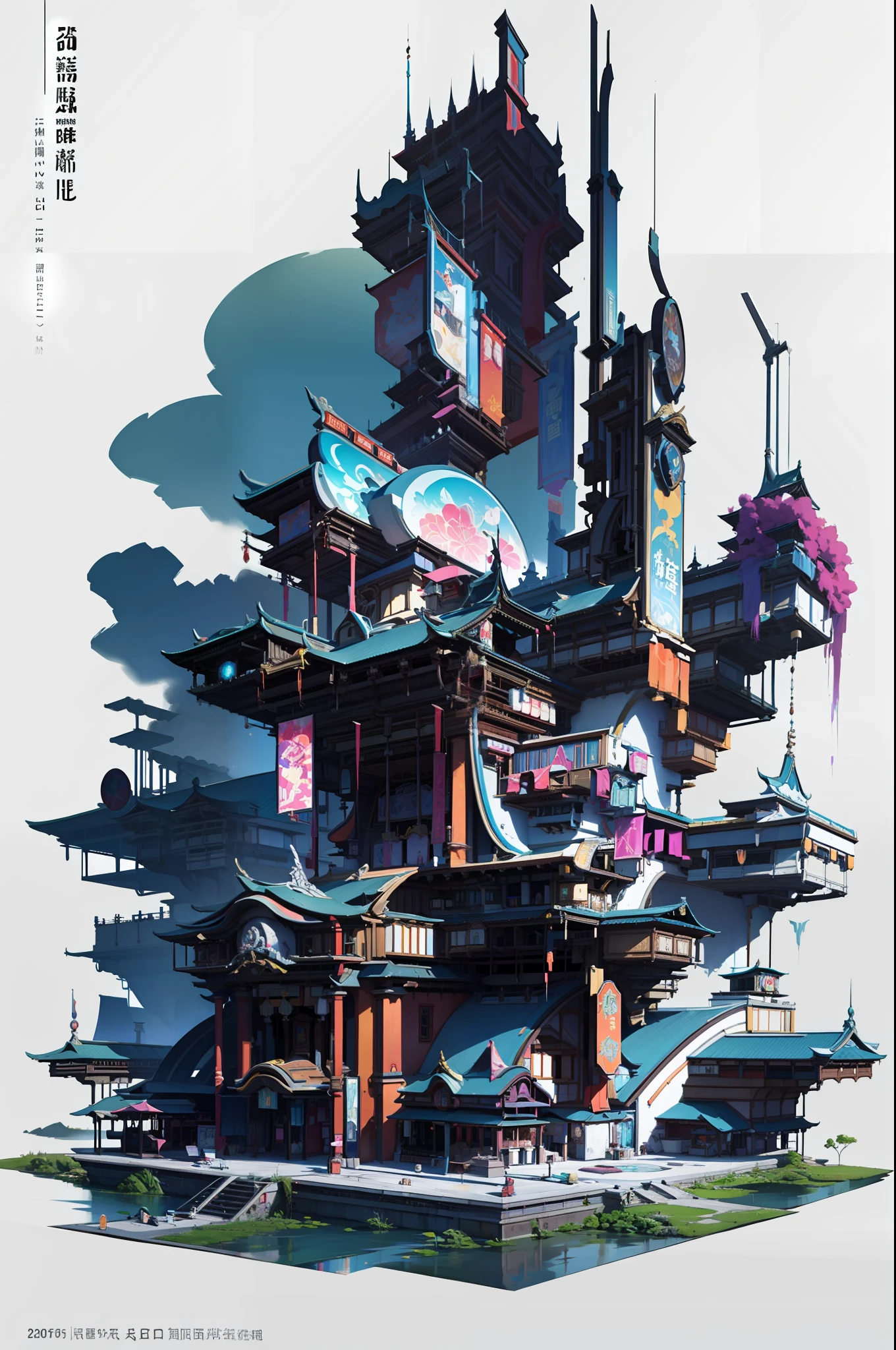 Game Academy,Ethno-style architecture,Ancient Chinese,(Future science fiction,neon lit,The cyberpunk,Hologram aura、Particle effects),Structurally sound、high-definition details,perfect works,White background,(杰作,premier quality,best qualitiy,officlal art,Beauty and aesthetics:1.2),(8K,best qualitiy,杰作:1.2)