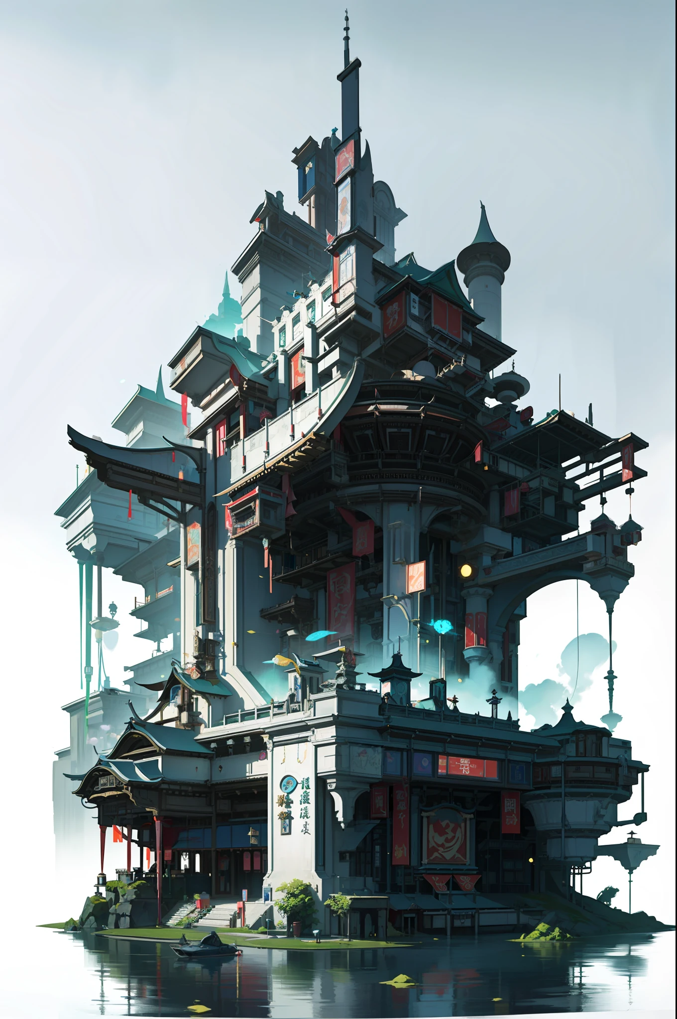 Game Academy，Ethno-style architecture，Ancient Chinese，（Future science fiction，neon lit，The cyberpunk，Hologram aura、Particle effects），Structurally sound、high-definition details，perfect works，White background，（杰作，premier quality，best qualitiy，officlal art，Beauty and aesthetics：1.2），（8K，best qualitiy，杰作：1.2）