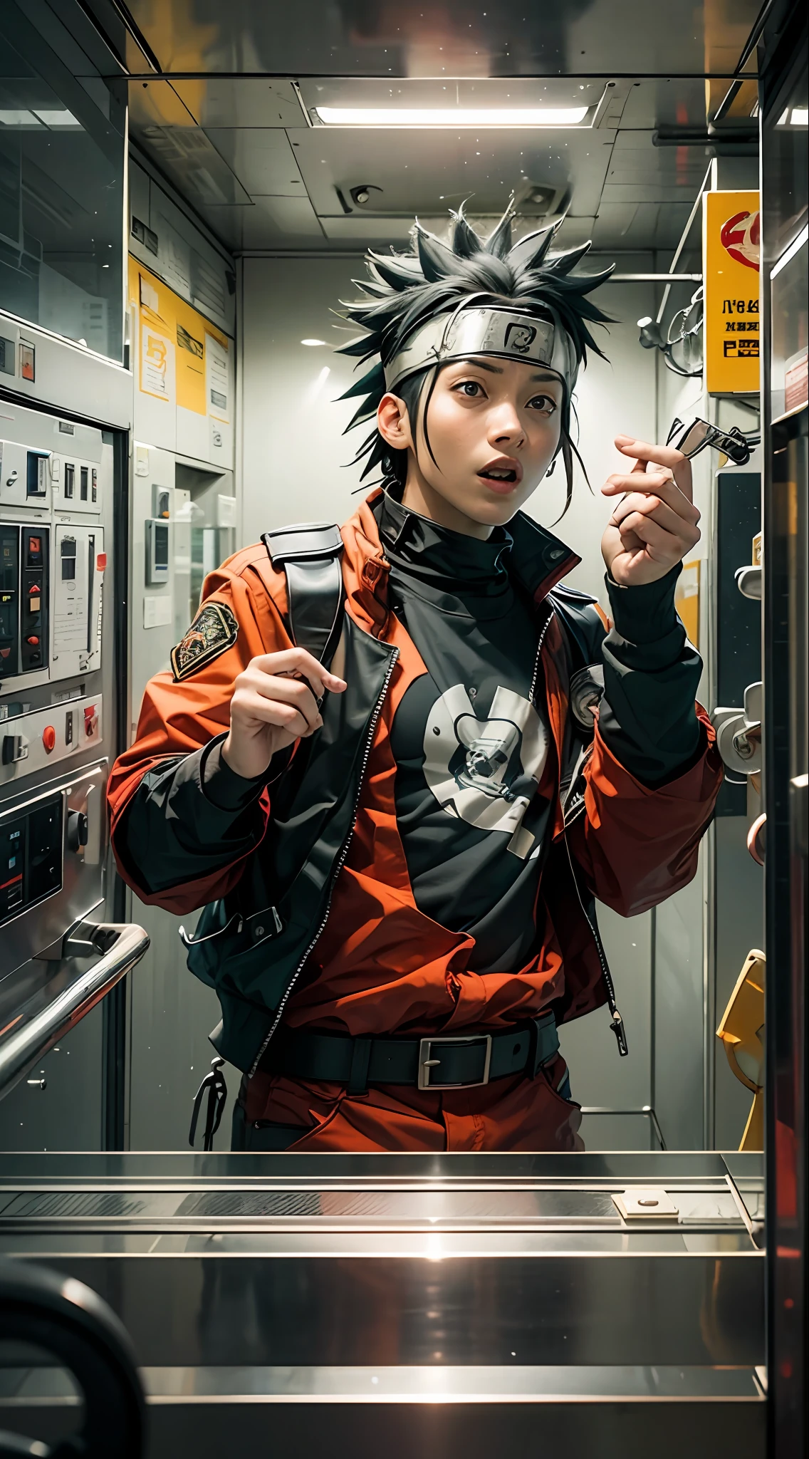 Naruto, in red Emergency Brigade shirt, in an elevator action scene, with high definition image, high quality. --auto --s2