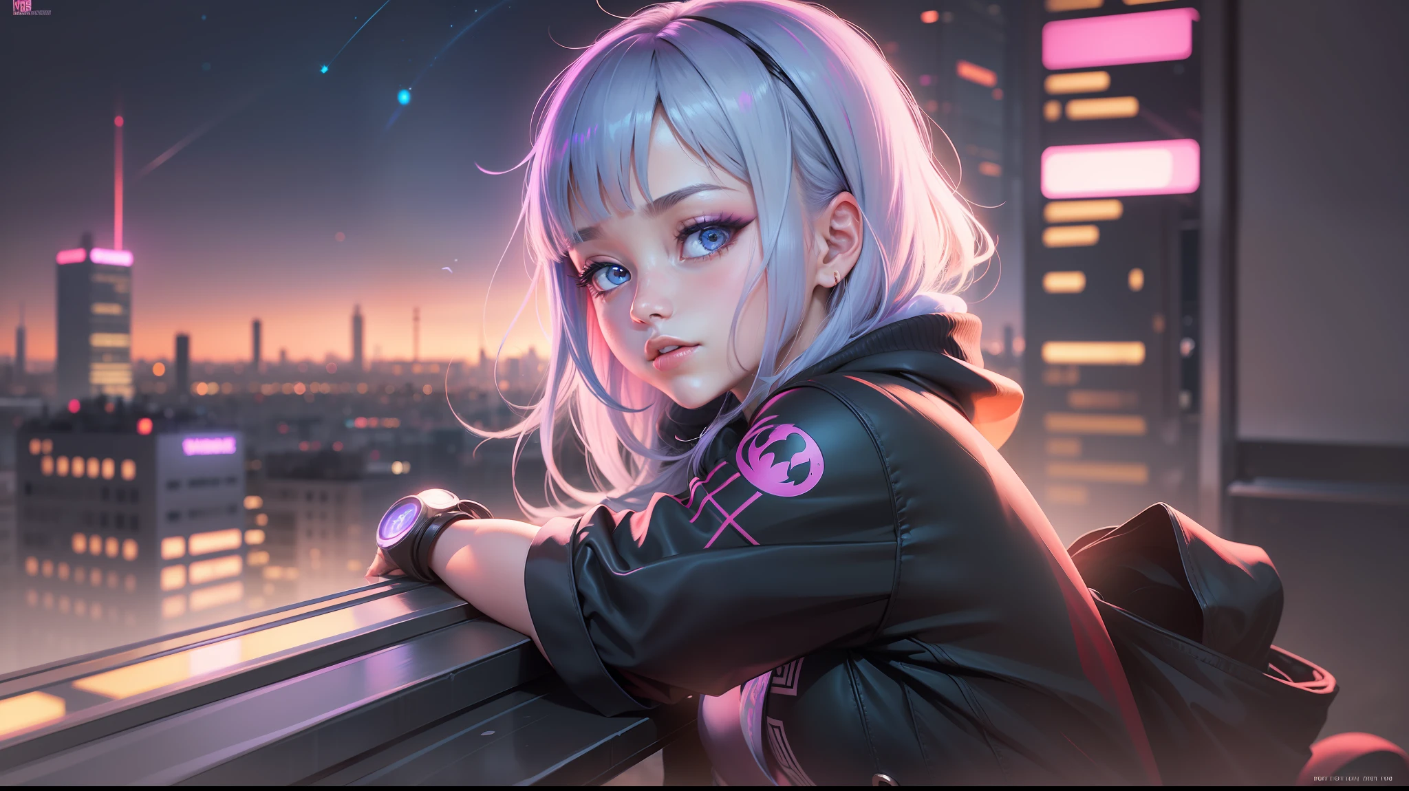 Mulher ninja com fone de ouvido sentido paz, olhos fechados, rosto bonito, cores RGB, cabelo roxo brilhante, colorido anime, fundo brilhante, Banner for youtube video, feliz, nuvens com cores RGB, cores RGB brilhantes, completo.