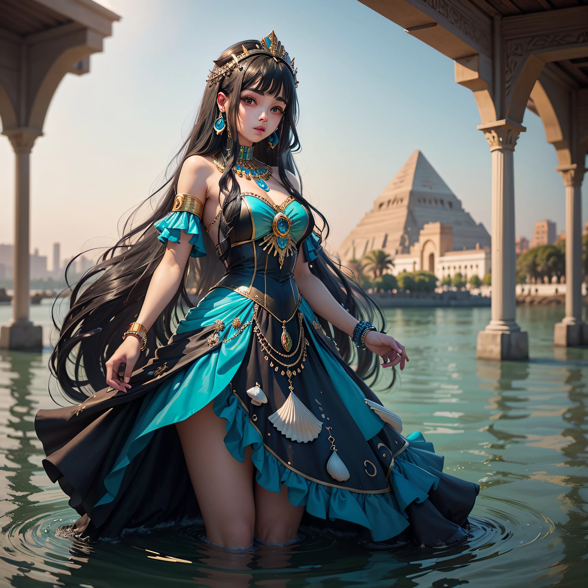 An Egyptian princess with an aquatic appearance, vestindo uma fantasia em tons de azul e verde, adorned with pearls and coral. Her black hair is long and loose, with seashells intertwined. She is standing on the bank of the Nile River, watching the water flow with grace and ease.