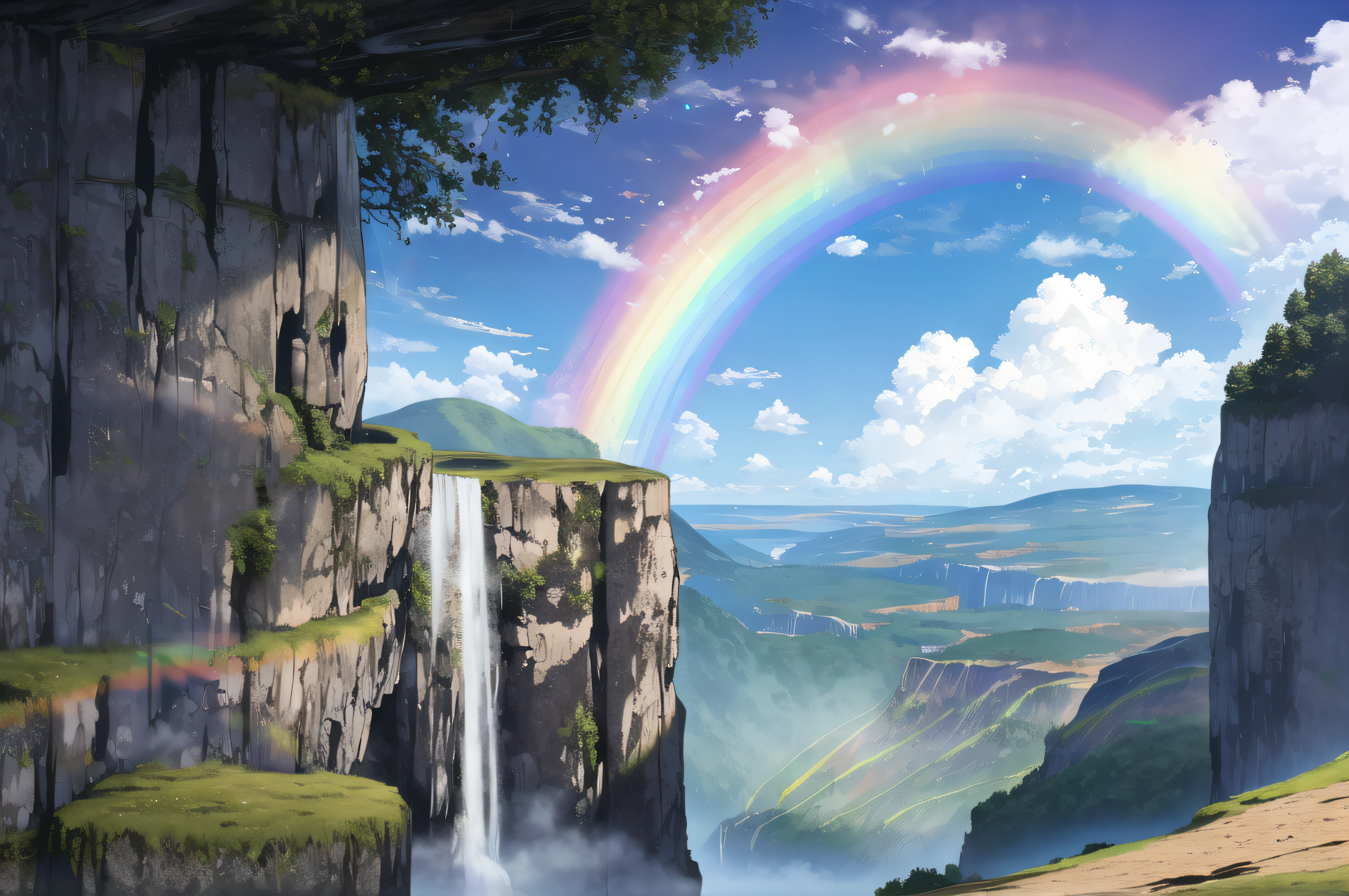 scenery, landscape, valley, cliff, waterfall, rainbow