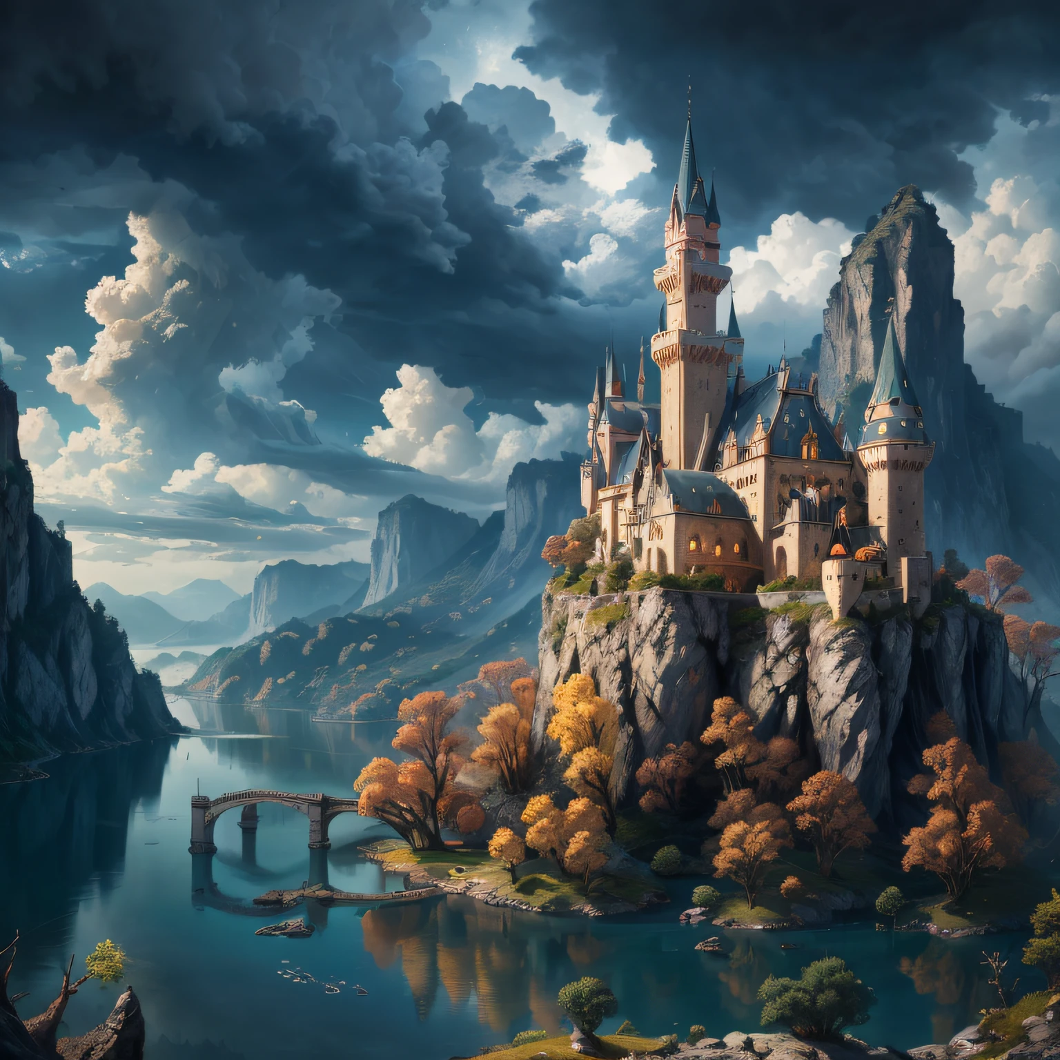 High resolution, super detailed, official art, unified 8k wallpaper, super detailed, beautiful and aesthetic, elven kingdom, castle built on a cliff, world tree, vines, thorns, dark, forest, lake, sky, clouds, magic, fantasy incredible, supersaturated, surreal, high resolution, artgerm, masterpiece, super detailed, epic composition, high quality, highest quality, 16k