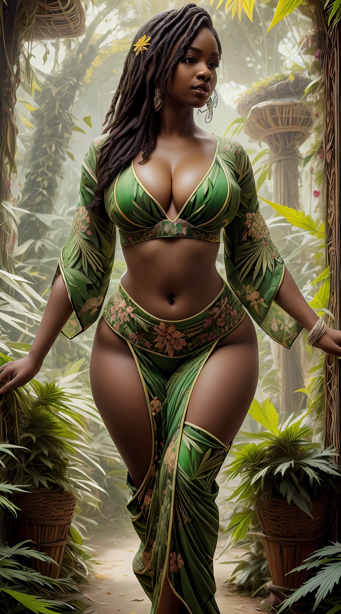 (4k, 16k, masterpiece, RAW photo, best quality, detail:1.2), photorealistic, extremely detailed CG unity 8k wallpaper,break,extremely beautiful face, (beautiful lips, beautiful eyes:1.3), intricate detail face, cinematic light, ultra high res,break, ((jamaican mixed)), full body photo shot, 1sexy exotics voluptuous curvy thick busty Jamaican girl with marijuana forest sexy Jamaican traditional clothes, marijuana flowers, marijuana leaves, mandalas, fractal, Jamaican art, Jamaican culture