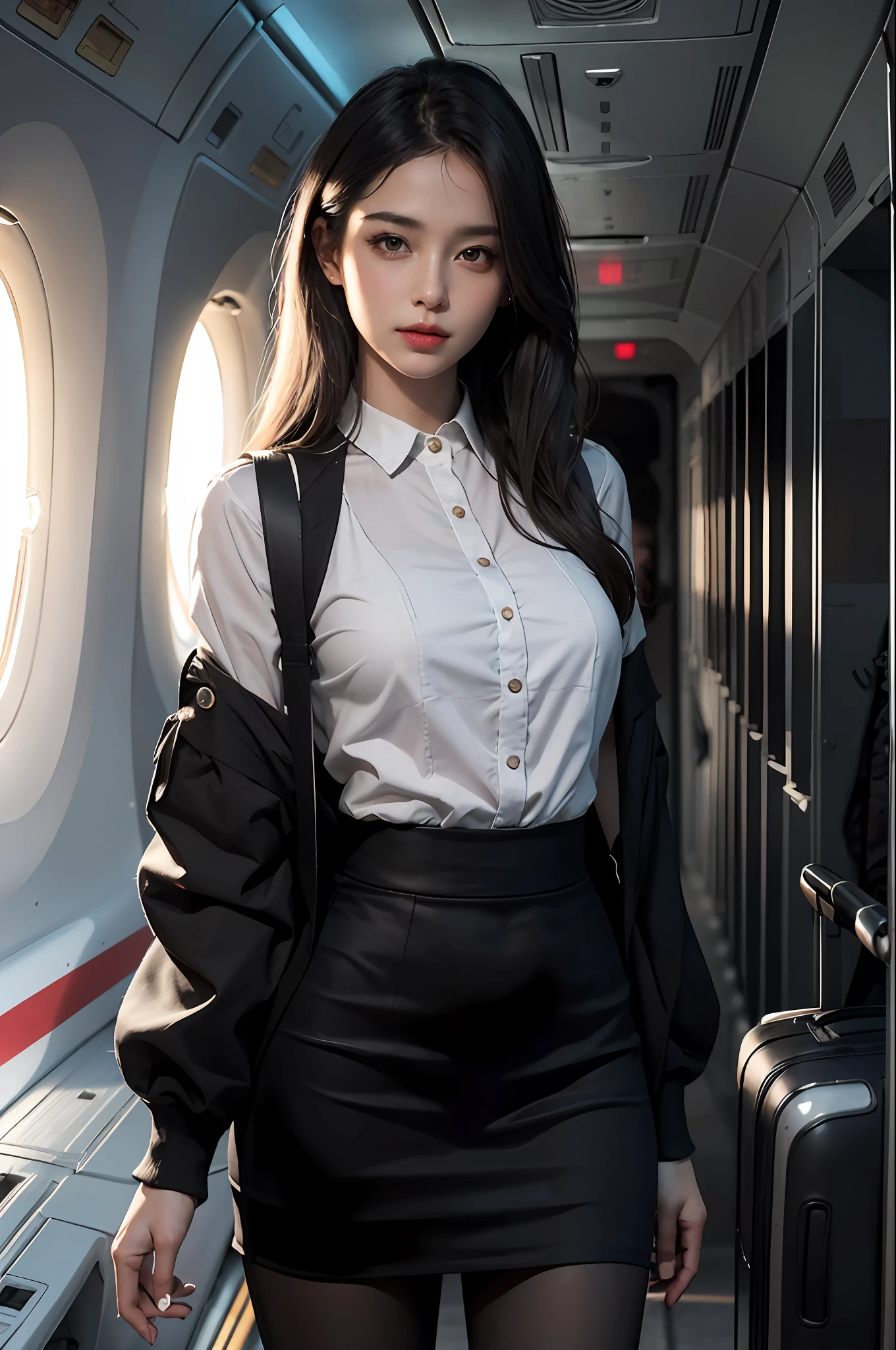 best quality, masterpiece, 8k, ultra high res, (photorealistic:1.4), highly detailed, intricate detail, delicate and beautiful, good lighting, professional lighting, sharp focus, detailed shadows, exquisite details and textures, depth of field, unity 8k wallpaper, cinematic composition, cinematic lighting, official art, Cabin Crew, flight attendant, black pantyhose, (aircraft, (Aircraft Corridor), Aircraft seats) beautiful elegant face, detailed face, detailed eyes, realistic hair, long hair, (1girl), (standing:1.3),