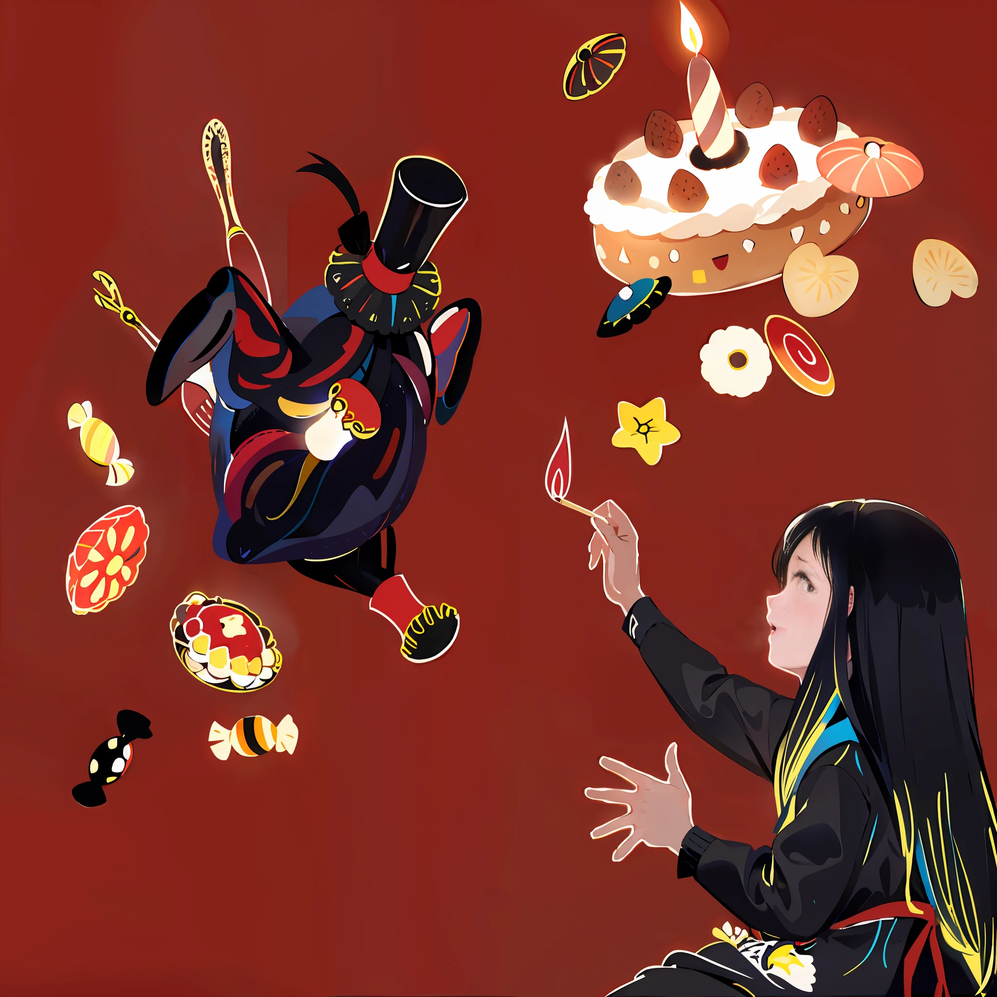 The sits on the ground,With a match on his leg,Light a match,The match burned slowly,The little girlt duck,A big cake,Two small cakes,Three small candies, lots of food, colorful illustrations