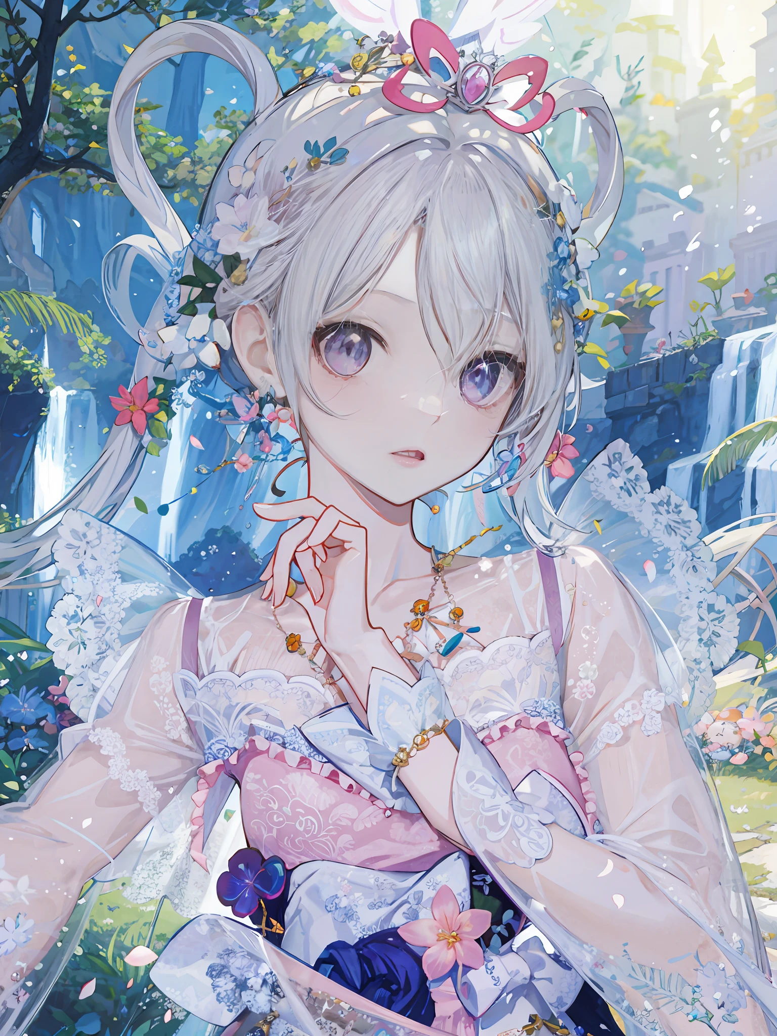 there is a woman with a white dress and a pink dress, loli, 🌺 cgssociety, fairycore, Guwiz, fantasy aesthetic!, ethereal fairytale, SSAO 8 K, 8K)), pale milky white porcelain skin, dreamy and detailed, Inspired by Huang Ji, Ethereal fantasy,