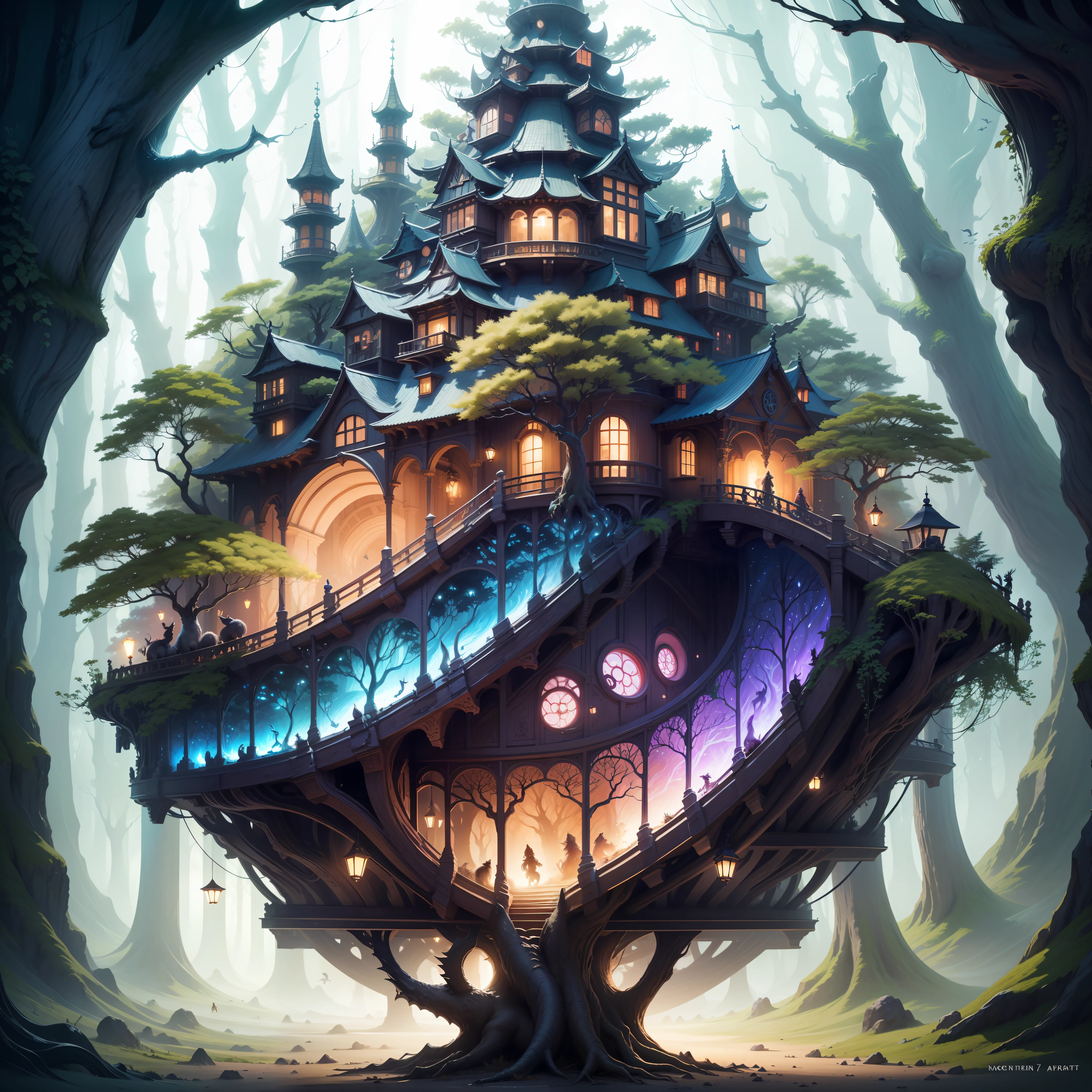 Magic world. Imagine an enchanted forest that is full of magic and wonder. Your artwork should showcase the beauty and mystery of this forest, with vibrant colors and intricate details that bring the scene to life include mythical creatures that have never been seen before. artwork should showcase the unique features and characteristics of these creatures, with a color palette and texture that bring them to life.
