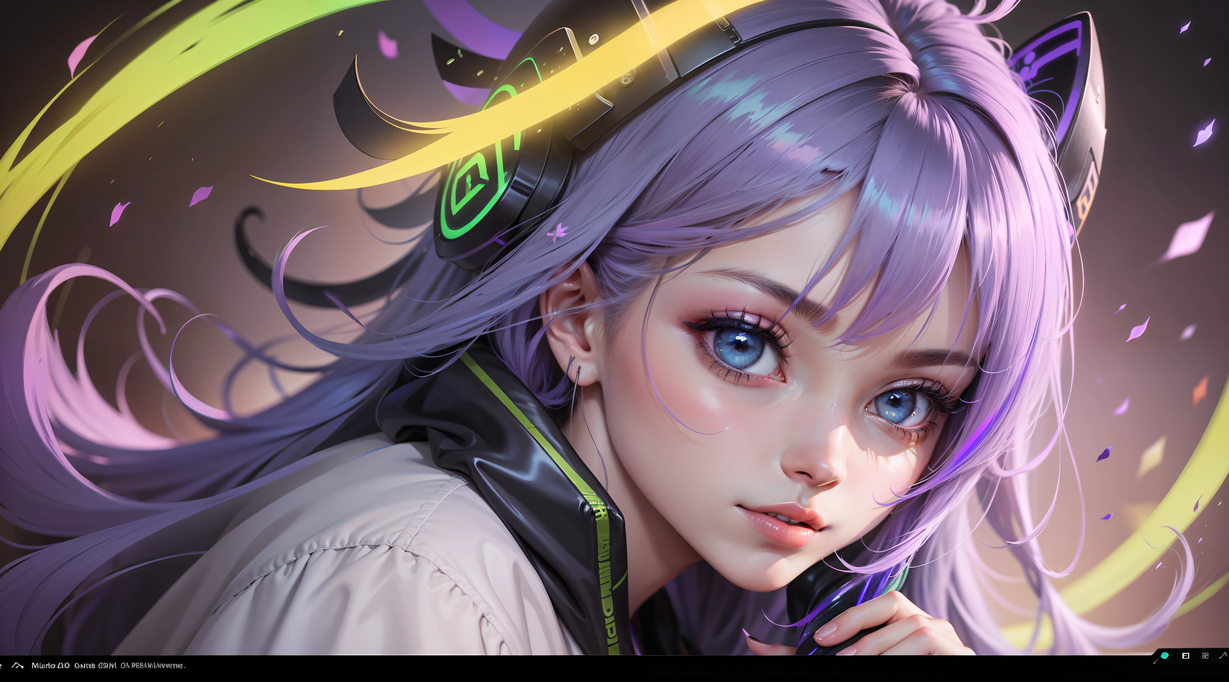 Mulher ninja com fone de ouvido sentido paz, olhos fechados, rosto bonito, cores RGB, cabelo roxo brilhante, colorido anime, fundo brilhante, Banner for youtube video, menina feliz, nuvens com cores RGB, cores RGB brilhantes, completo.