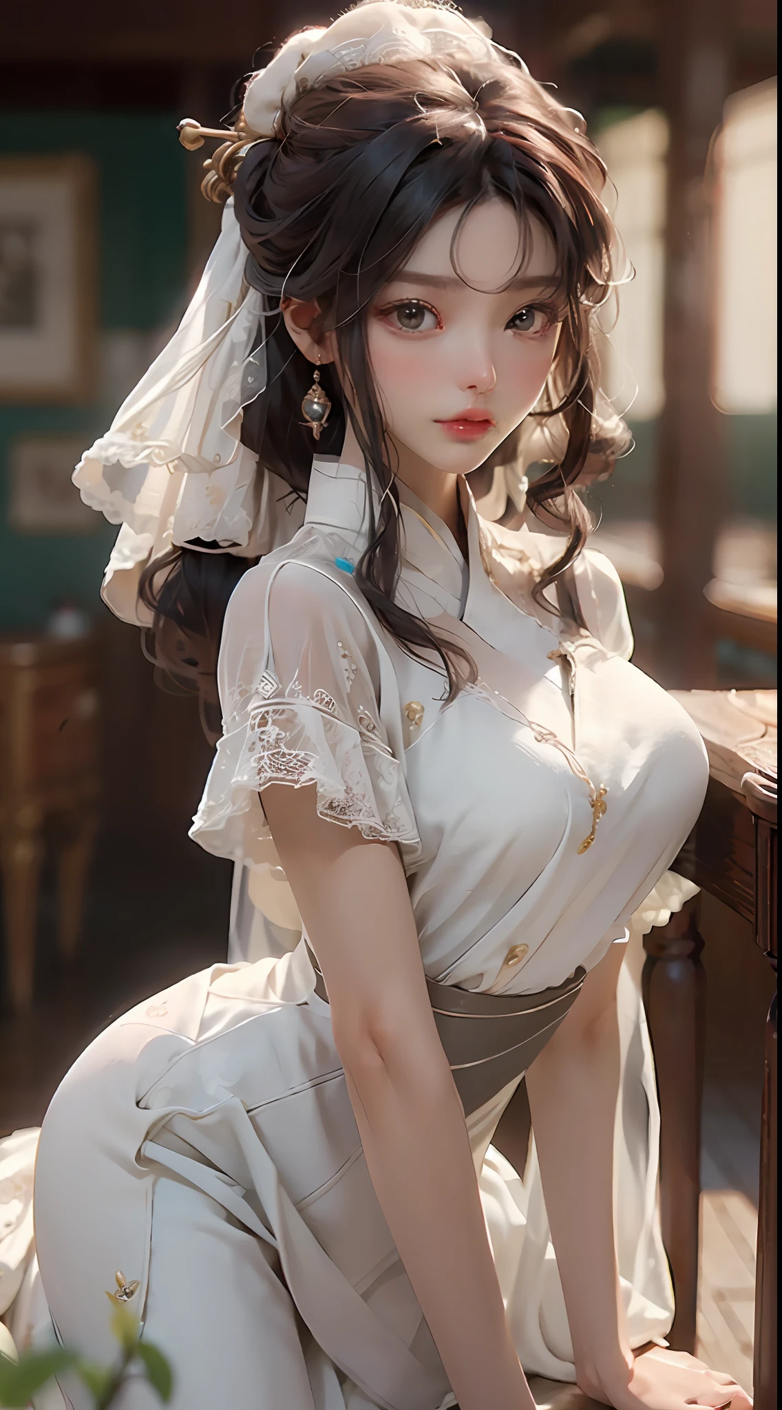 (filigree,Sharp Images,hyper resolution,Extremely amazing detail,Awesome detail),sub-surface Scattering,杰作,best qualitiy,high qulity,(1girl:1.2)Long curly black hair,brown-eyed,Wear a garland on your head,gal girl,blossoms,Delicate facial features,ringlets,Hair flying,Wear a white wedding dress,perfectbody,Natural light,