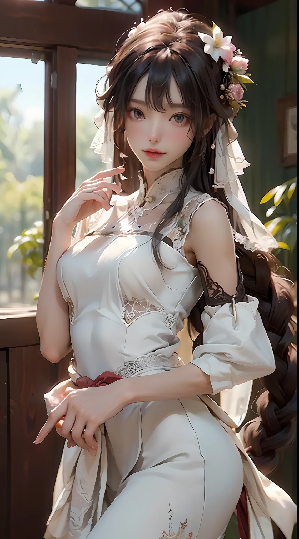 （filigree，Sharp Images，hyper resolution，Extremely amazing detail，Awesome detail），sub-surface Scattering，杰作，best qualitiy，high qulity，（1girl：1.2）Long curly black hair，brown-eyed，Wear a garland on your head，gal girl，blossoms，Delicate facial features，ringlets，Hair flying，Wear a white wedding dress，perfectbody，Natural light，
