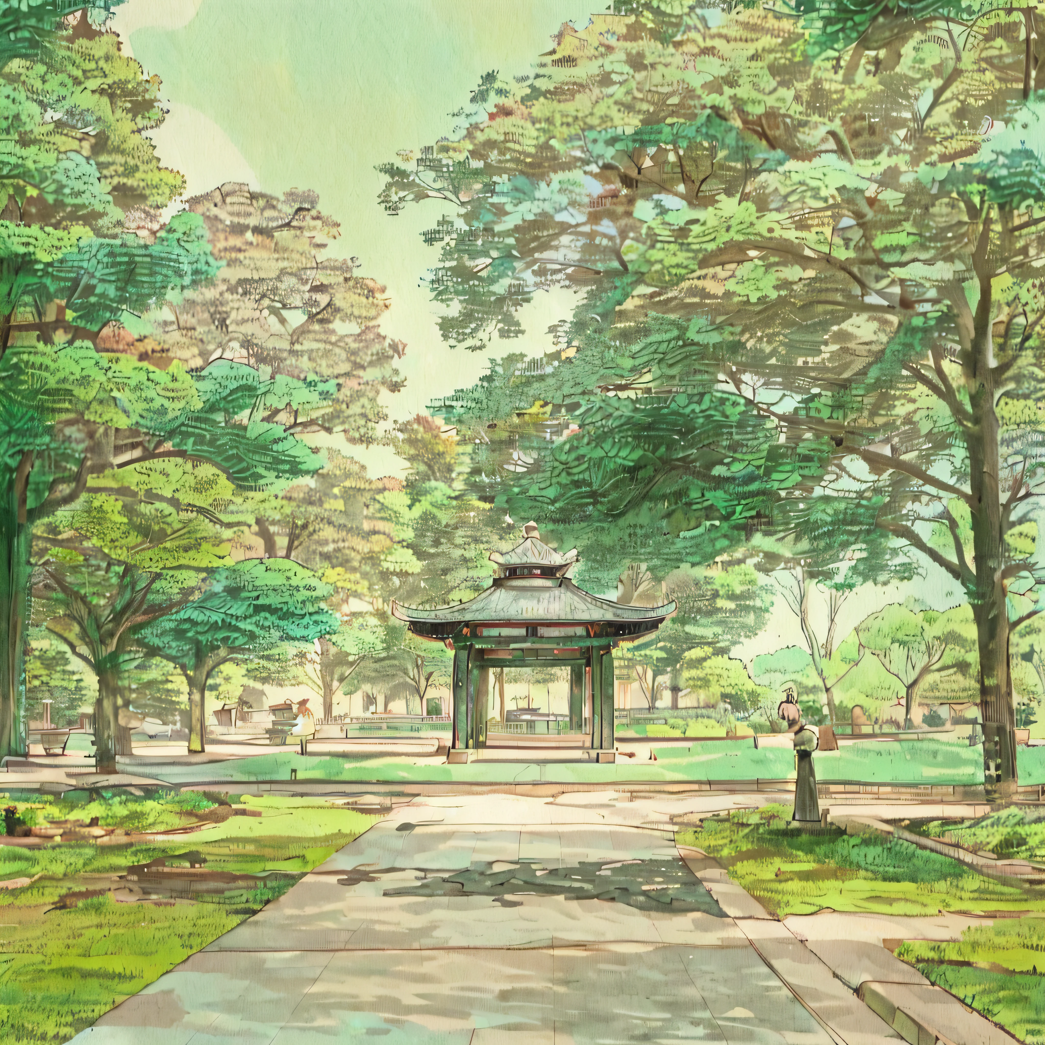 there is a small pagoda in the middle of a park, digital painting of a pagoda, Beautiful rendering of the Tang Dynasty, Park background, park landscape, background depicting a temple, 3 d virtual landscape painting, park on a bright sunny day, sunny day in a park, quiet and serene atmosphere, inspired by Huang Tingjian, inspired by Cheng Zhengkui