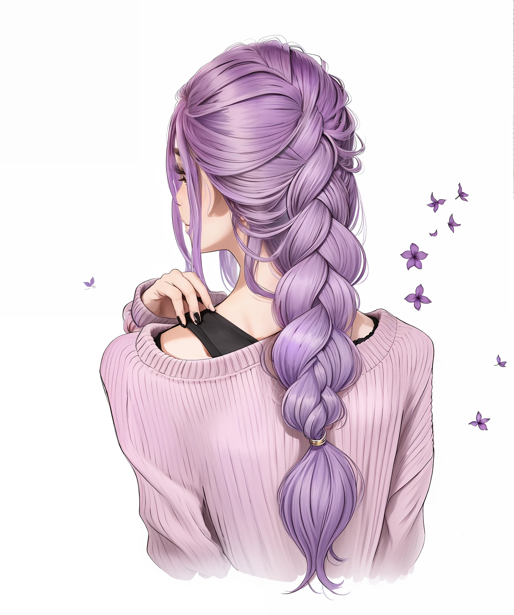 a drawing of a woman with long purple hair and a pink sweater, long braided purple hair, cabelo longo violeta, Estilo de desenho bonito, cabelo de lavanda, lilac hair, estilo de arte impressionante, cabelo longo roxo, girl with plaits, retrato do cabelo roxo da mulher, cabelo violeta, cabelo roxo, longos cabelos roxos claros, detailed fashion illustration, cor violeta, ela tem cabelo roxo