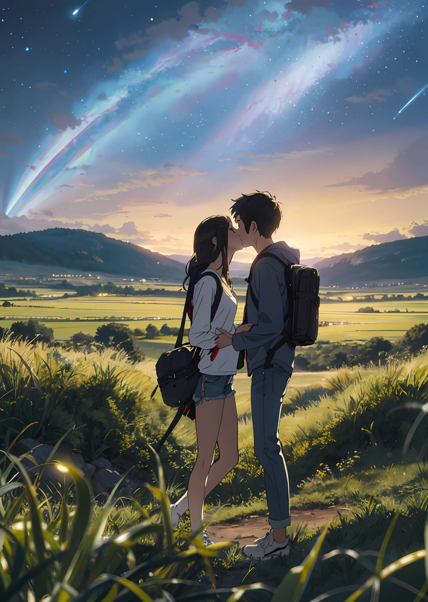 The vast starry sky, the beautiful skyline, the vast grasslands, the extremely tense and dramatic pictures, the moving visual effects, the high-hanging Polaris, and the colorful natural light. A long-sleeved top, denim shorts, and a girl with a backpack, A long-sleeved shirt, denim jeans, and a boy with a backpack, two hand, kissing, couple, love, lip kiss.
