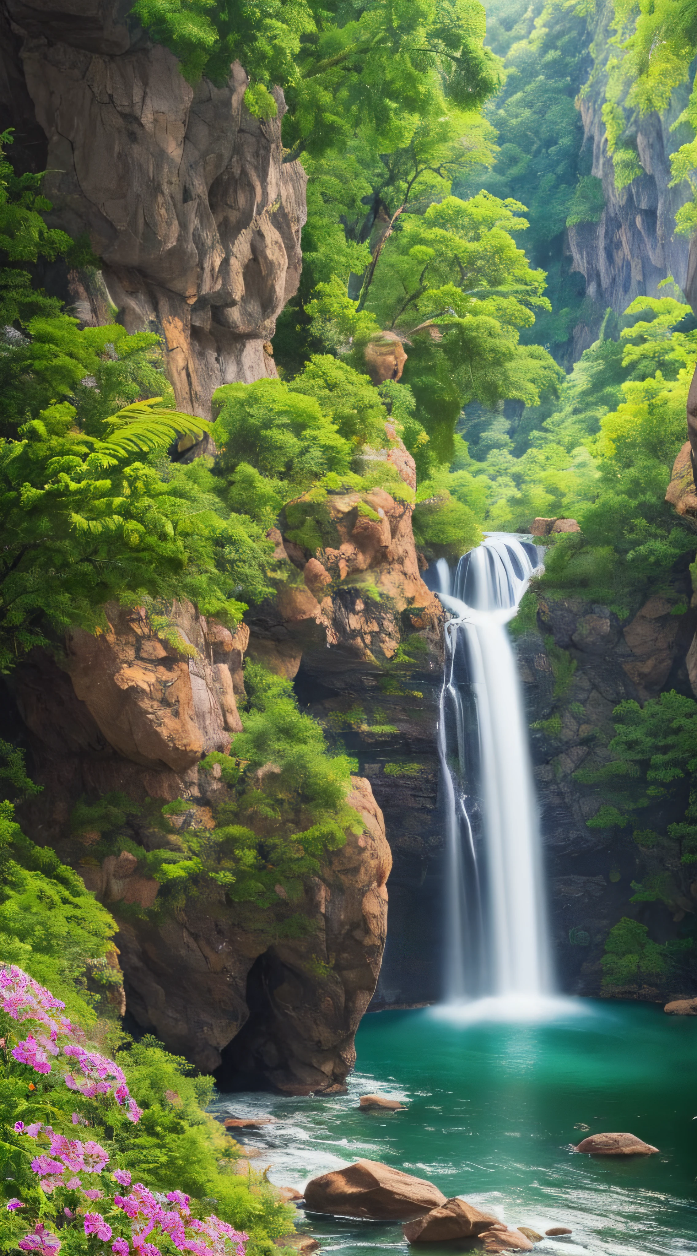 Estilo, ChromaV5, Nvinkpunk, (papel de parede 8k de unidade CG extremamente detalhado), An illustration of a bright and majestic waterfall falling into a rocky cliff, sky with clouds, iluminada pela lua cheia, alien planets, The water glows as it falls, Launching a rainbow of colors, The surrounding countryside is lush and verdant, with tall trees and wildflowers, fotografia premiada, chromatic aberration; geometric shapes; Bokeh, profundidade de campo, fotorrealista, detalhado, flor, HDR, oil painting by John Singer Sargent, Frederic Church e Thomas Moran, trending on ArtStation, trend at CGSociety, arte no meio da jornada