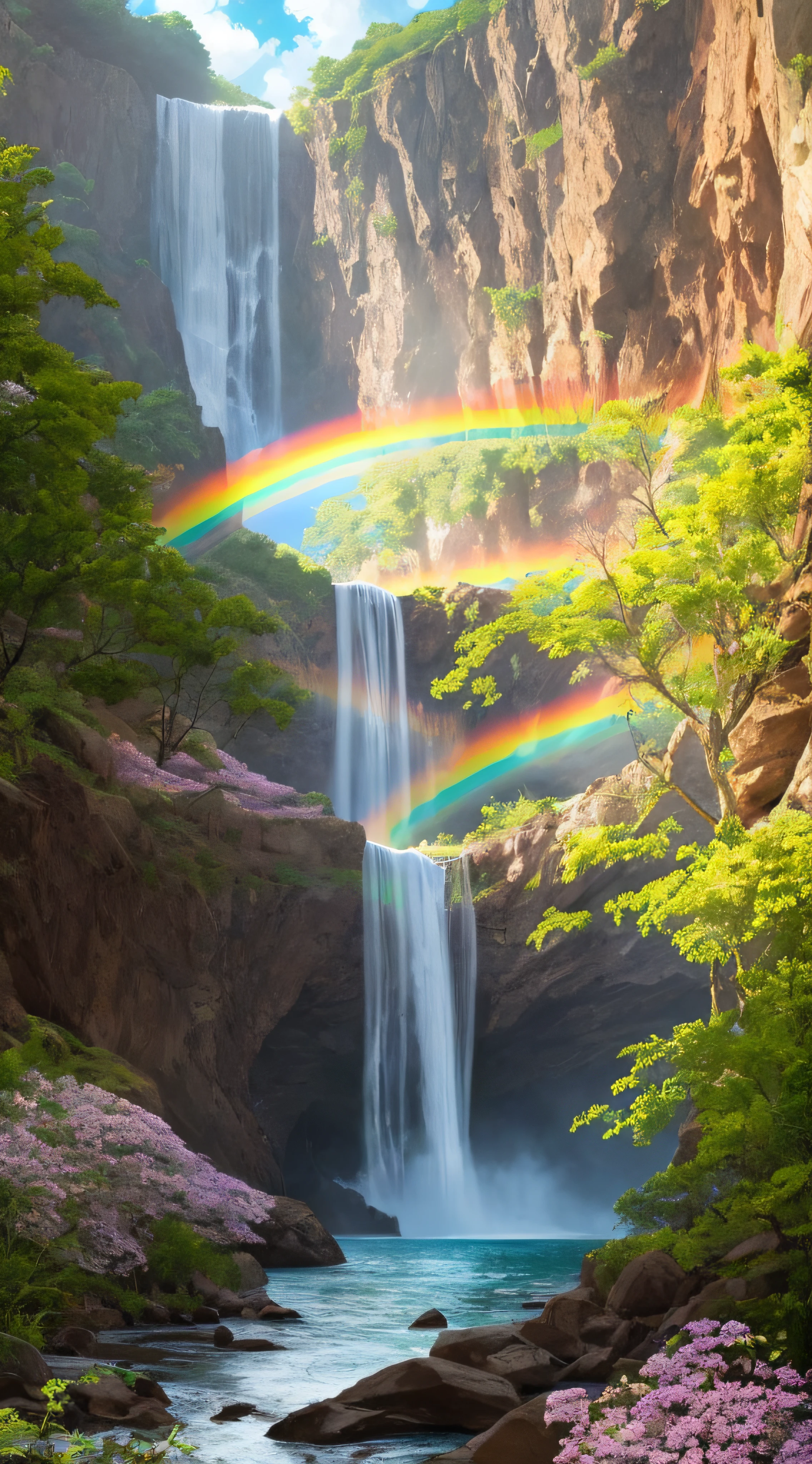 Estilo, ChromaV5, Nvinkpunk, (papel de parede 8k de unidade CG extremamente detalhado), An illustration of a bright and majestic waterfall falling into a rocky cliff, sky with clouds, iluminada pela lua cheia, alien planets, The water glows as it falls, Launching a rainbow of colors, The surrounding countryside is lush and verdant, with tall trees and wildflowers, fotografia premiada, chromatic aberration; geometric shapes; Bokeh, profundidade de campo, fotorrealista, detalhado, flor, HDR, oil painting by John Singer Sargent, Frederic Church e Thomas Moran, trending on ArtStation, trend at CGSociety, arte no meio da jornada