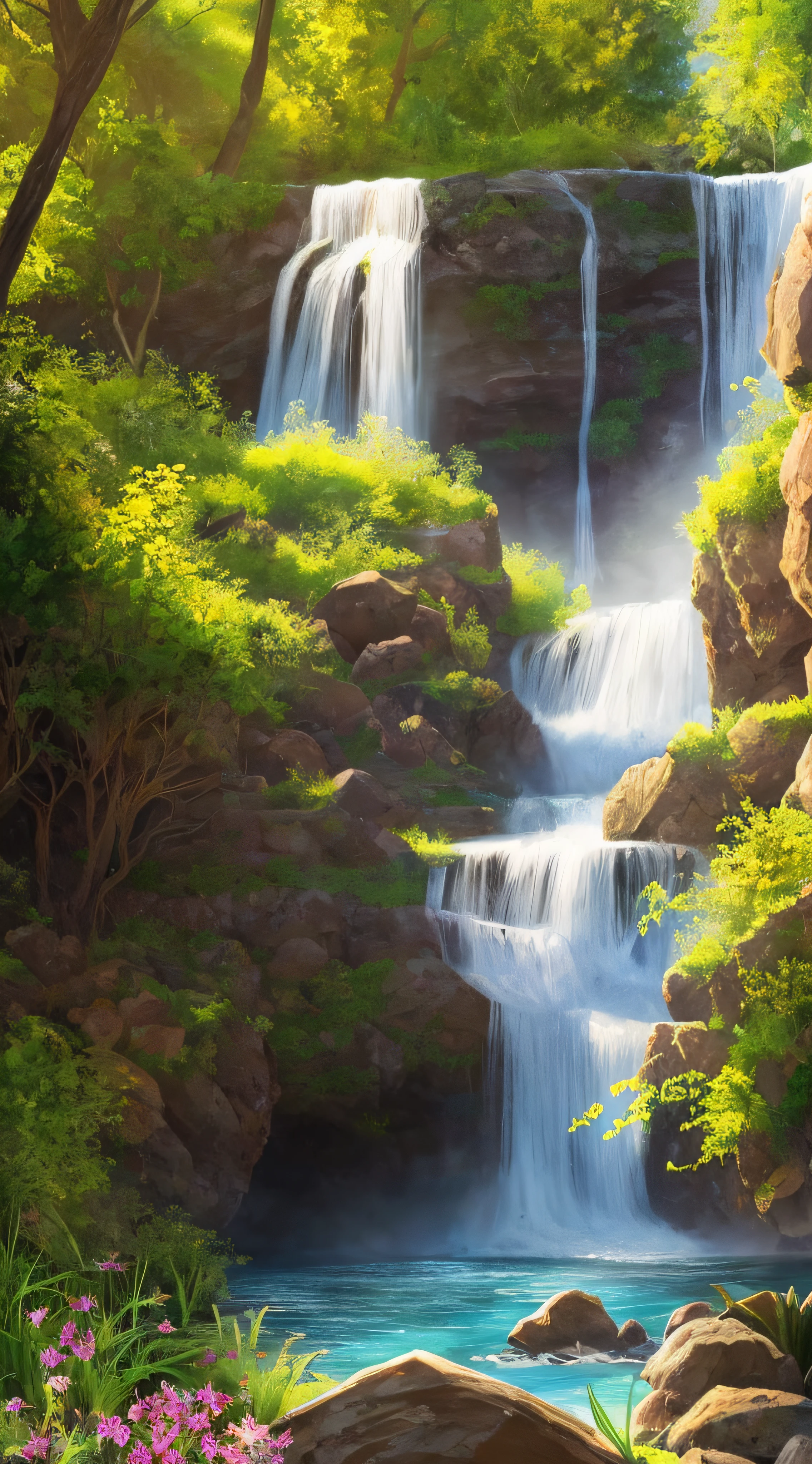 Estilo, ChromaV5, Nvinkpunk, (papel de parede 8k de unidade CG extremamente detalhado), An illustration of a bright and majestic waterfall falling into a rocky cliff, sky with clouds, iluminada pela lua cheia, alien planets, The water glows as it falls, Launching a rainbow of colors, The surrounding countryside is lush and verdant, with tall trees and wildflowers, fotografia premiada, chromatic aberration; geometric shapes; Bokeh, profundidade de campo, fotorrealista, detalhado, flor, HDR, oil painting by John Singer Sargent, Frederic Church e Thomas Moran, trending on ArtStation, trend at CGSociety, arte no meio da jornada