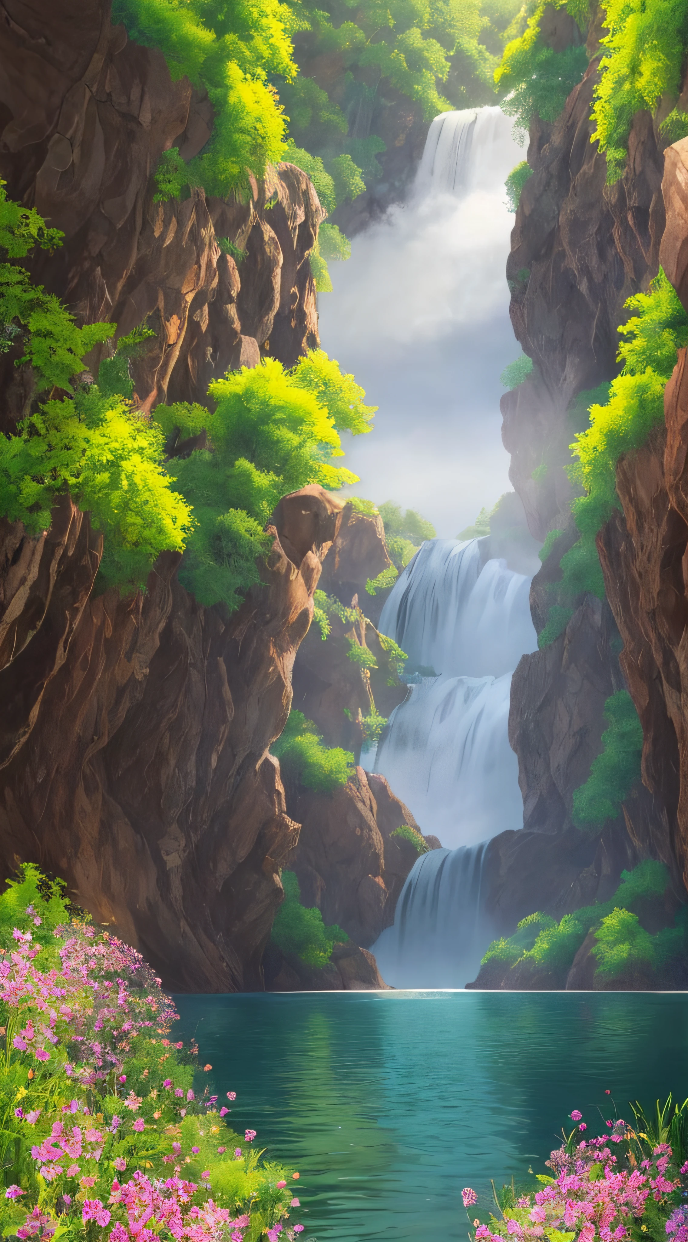 Estilo, ChromaV5, Nvinkpunk, (papel de parede 8k de unidade CG extremamente detalhado), An illustration of a bright and majestic waterfall falling into a rocky cliff, sky with clouds, iluminada pela lua cheia, alien planets, The water glows as it falls, Launching a rainbow of colors, The surrounding countryside is lush and verdant, with tall trees and wildflowers, fotografia premiada, chromatic aberration; geometric shapes; Bokeh, profundidade de campo, fotorrealista, detalhado, flor, HDR, oil painting by John Singer Sargent, Frederic Church e Thomas Moran, trending on ArtStation, trend at CGSociety, arte no meio da jornada