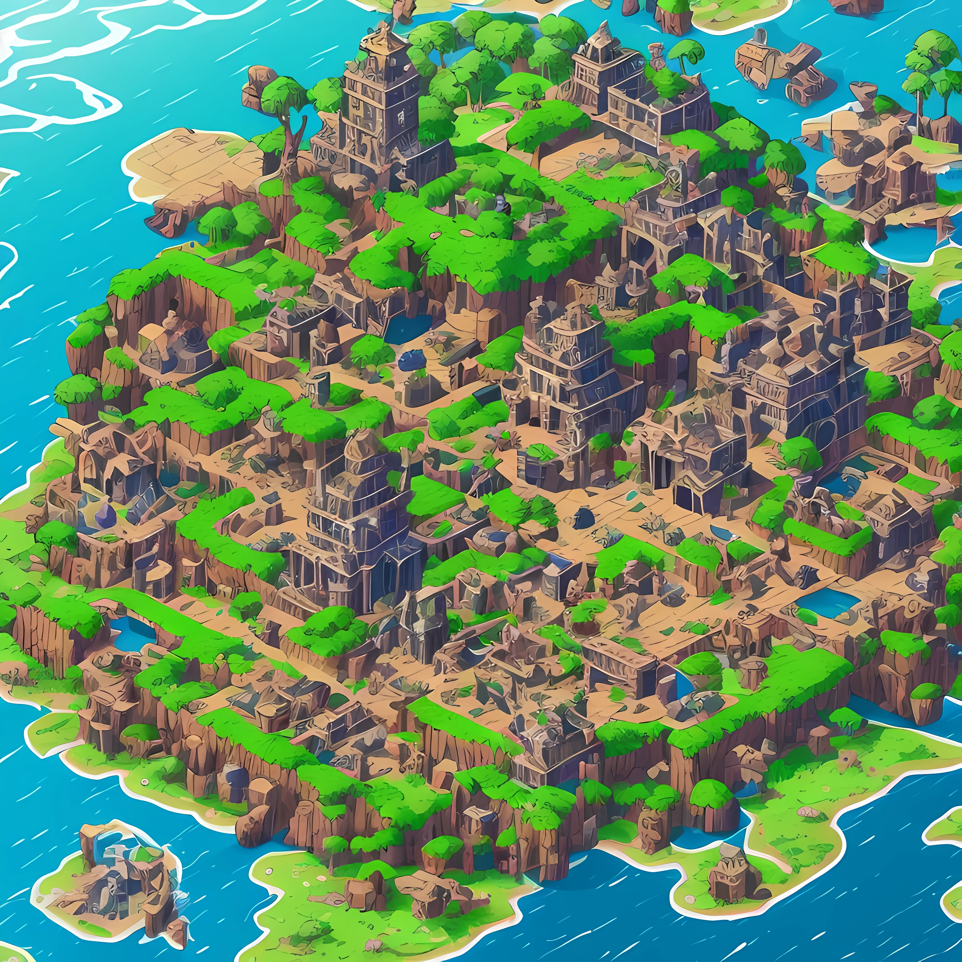 Create a medieval village in isometric 2d pixel art, contendo 5 casas, 1 potions shop and 1 armor shop, com uma catedral e um centro da vila, com florestas ao redor da vila  adicione um centro sem nada grande --auto