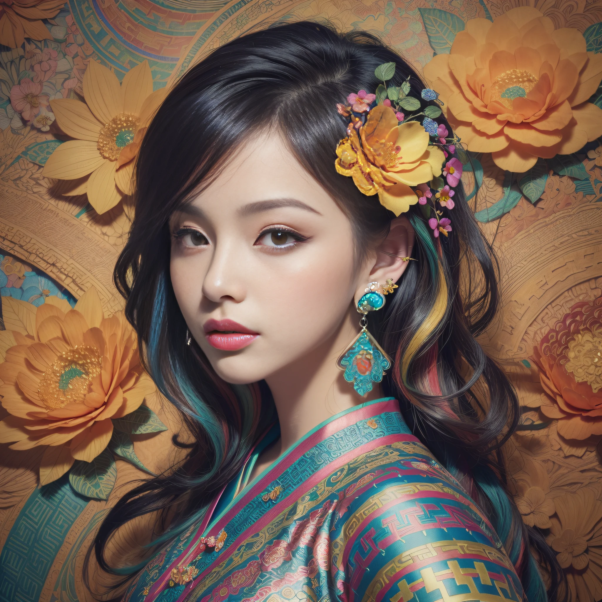 (masterpiece, top quality, best quality, official art, beautiful and aesthetic:1.2), (1girl:1.3), extremely detailed,(fractal art:1.1),(colorful:1.1)(flowers:1.3),highest detailed,(zentangle:1.2), (dynamic pose), (abstract background:1.3), (chinese Traditional cloth:1.2), (shiny skin), (many colors:1.4), ,(earrings:1.4),