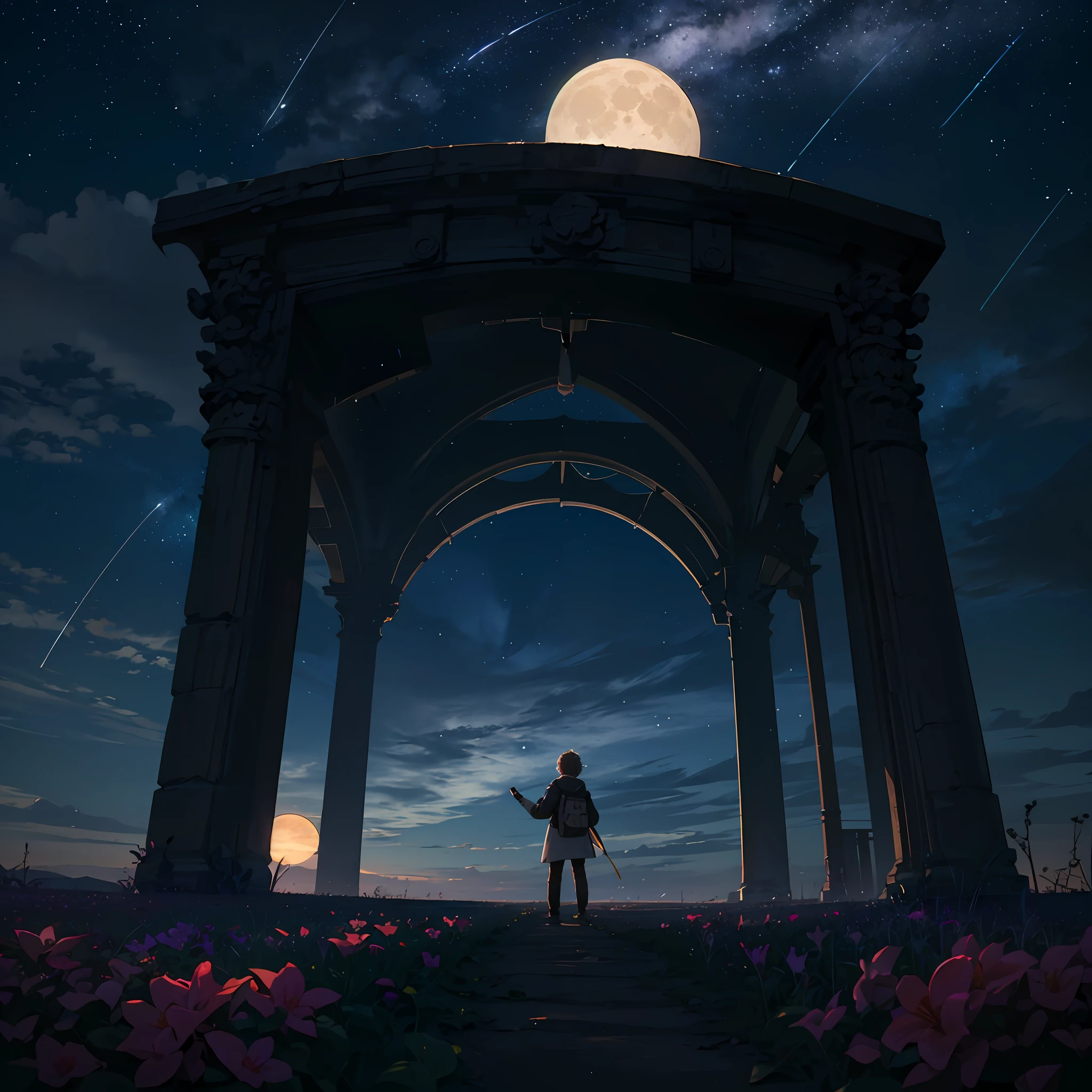 Expansive landscape photography, (view from below with a view of the sky and desert below), boy standing in a field of flowers looking up, (full moon: 1.2), (shooting star: 0.9), (nebula: 1.3), distant mountain, tree-breaking production art, (hot light source: 1.2), (firefly: 1.2), lamp, purple and orange, intricate detail, BREAK lighting volume (masterpiece: 1.2), (highest quality), 4k, ultra-detailed, (dynamic setting: 1.4), highly detailed and colorful details (iridescent: 1.2), (flickering lighting, atmospheric lighting), dreamy, magical, (solo: 1.2) --auto