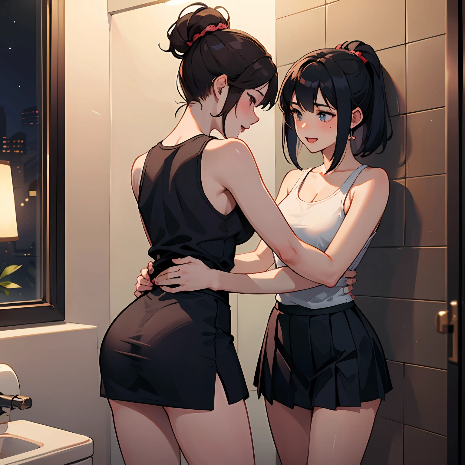 Two women having fun in the bathroom、lewd:1,2、Metamorphosis:1,2、NSFW:1,2、Lesbian Yuri:1,2、blushes、Wear a tank top and skirt、((night))、