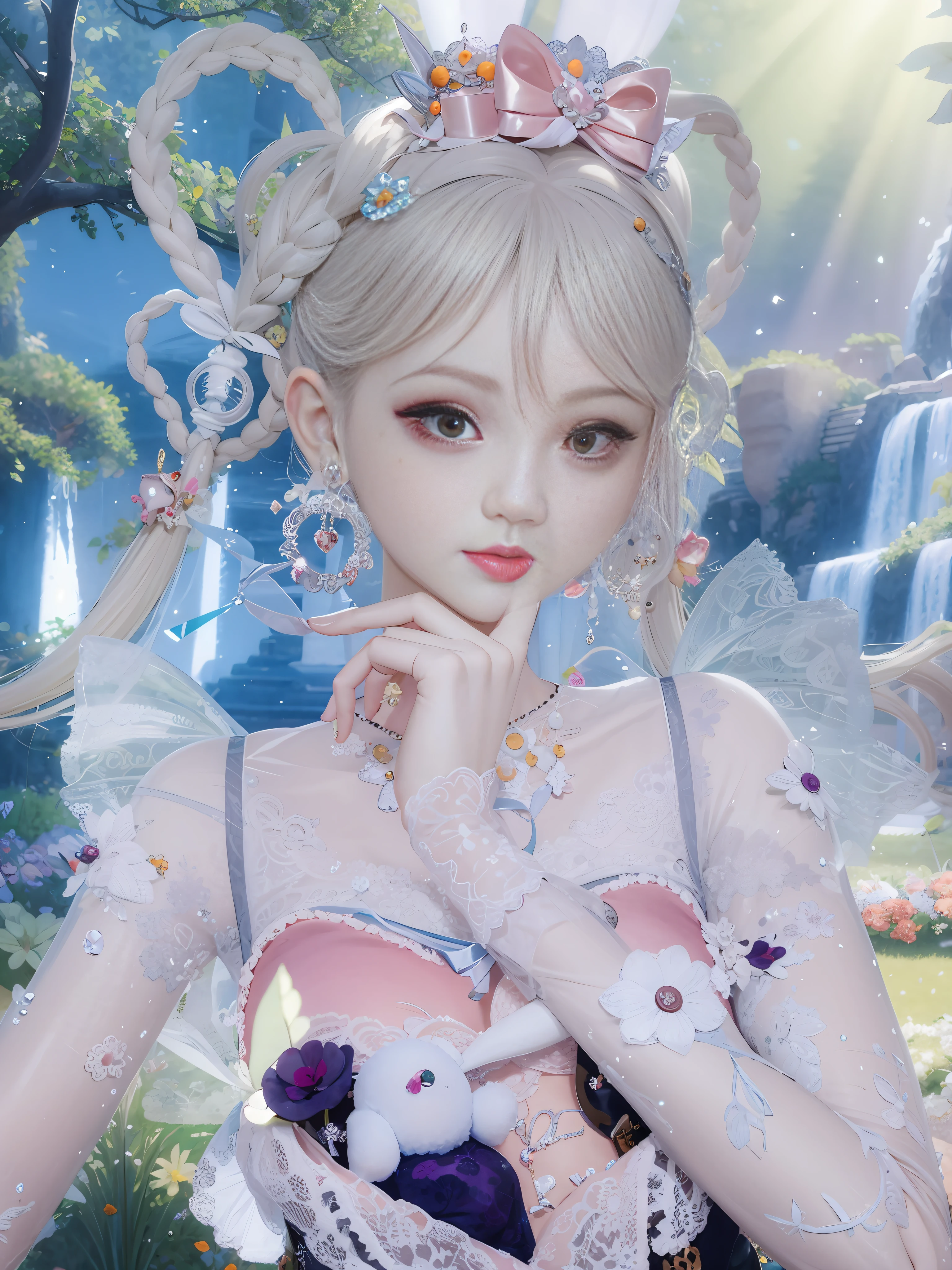 there is a woman with a white dress and a pink dress, loli, 🌺 cgssociety, fairycore, Guwiz, fantasy aesthetic!, ethereal fairytale, SSAO 8 K, 8K)), pale milky white porcelain skin, dreamy and detailed, Inspired by Huang Ji, Ethereal fantasy,