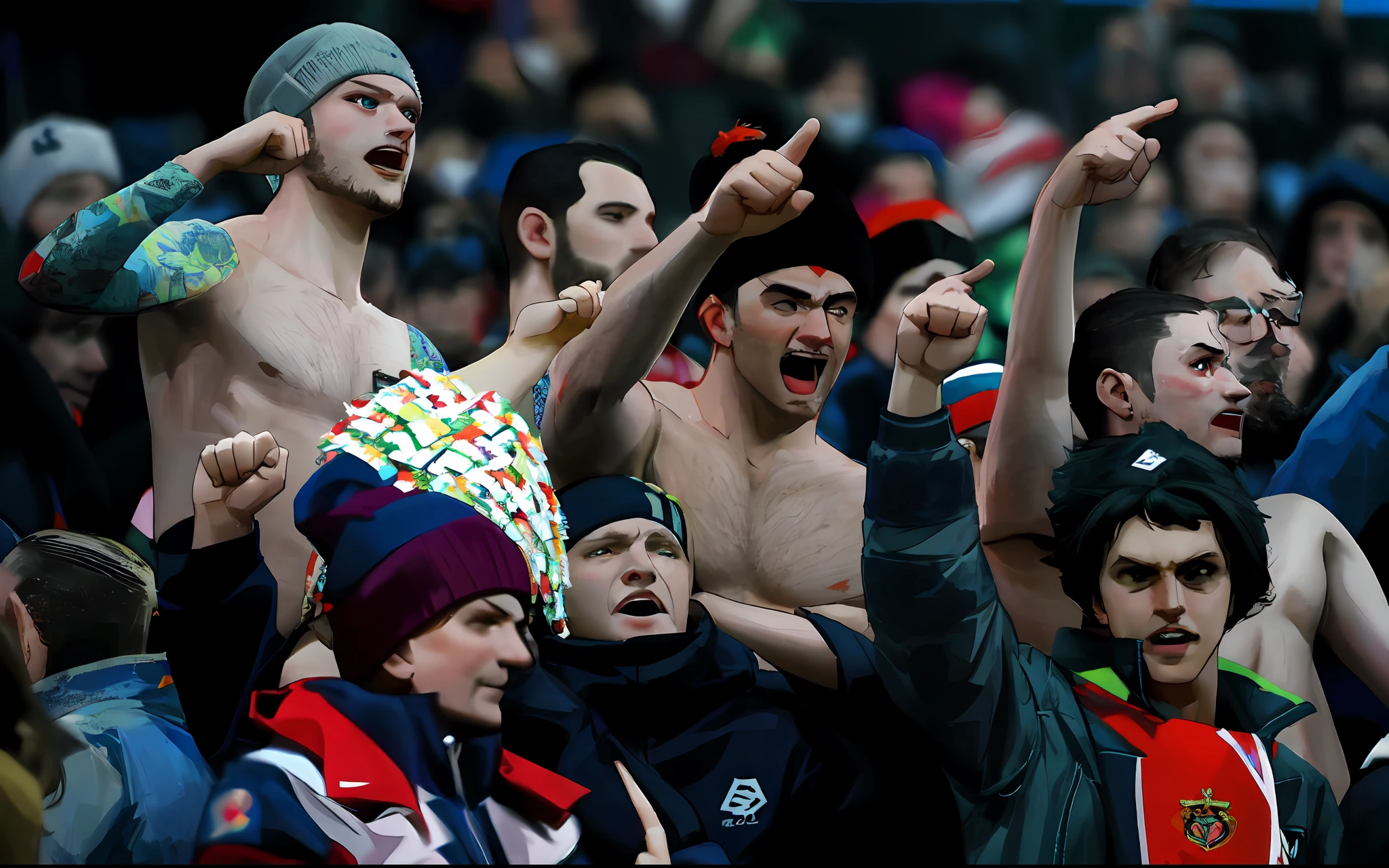 fans of a sporting team are cheering and holding their fists up, excited russians, football hooligans, slavic!!!, typical russian atmosphere, slavic, fans, popular, 1786560639, trending ,, edited, sport, photo from a spectator, cheering crowds, 2806927615