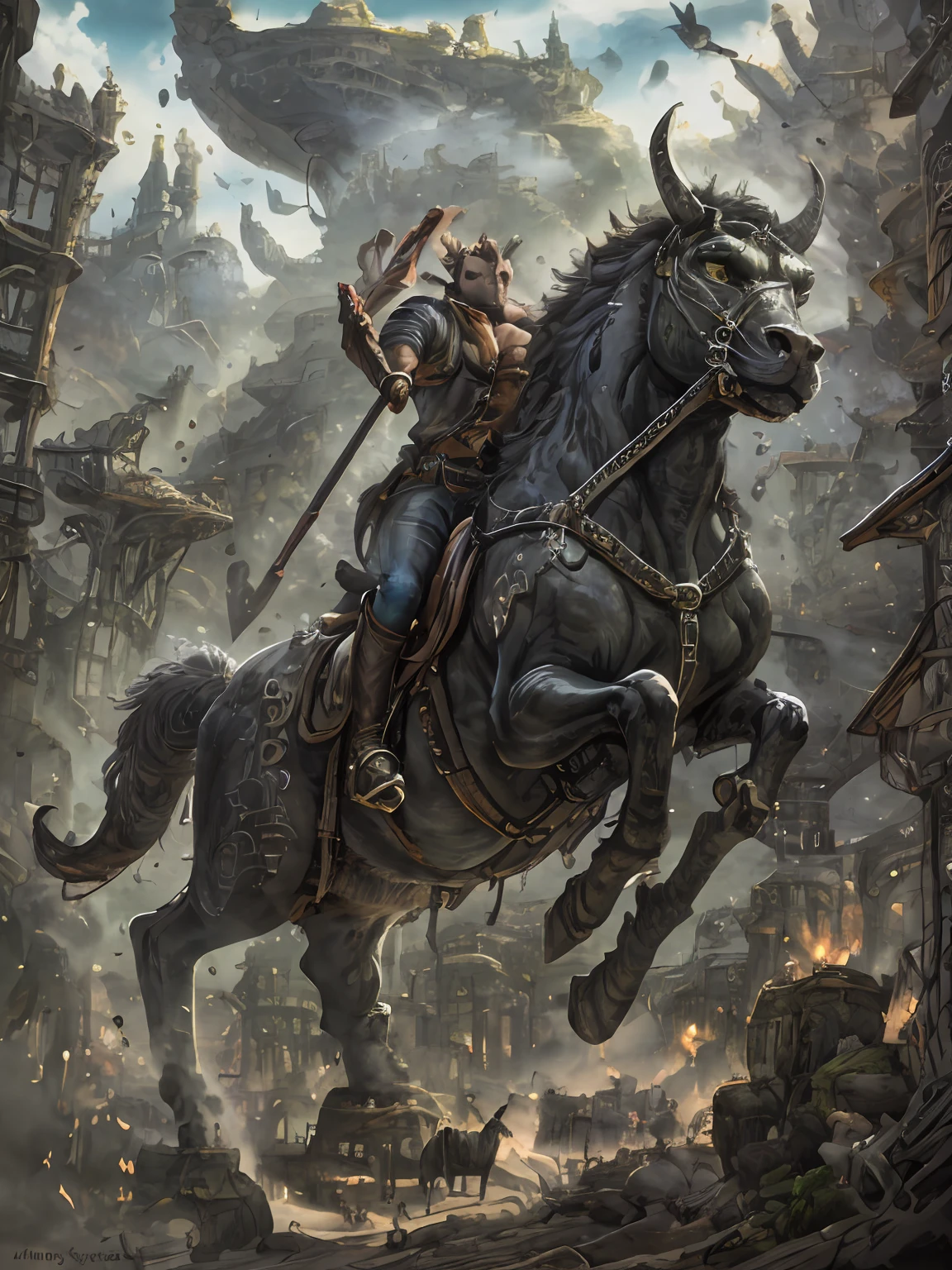 A photo of a man riding a panther with a magic weapon,Fighting the devil,Inspired by Simon Beasley,Inspired by Earl Norem,Very detailed painting,Inspired by Alex Hawley-Olandley,Highly detailed painting,Highly detailed 4 k drawing