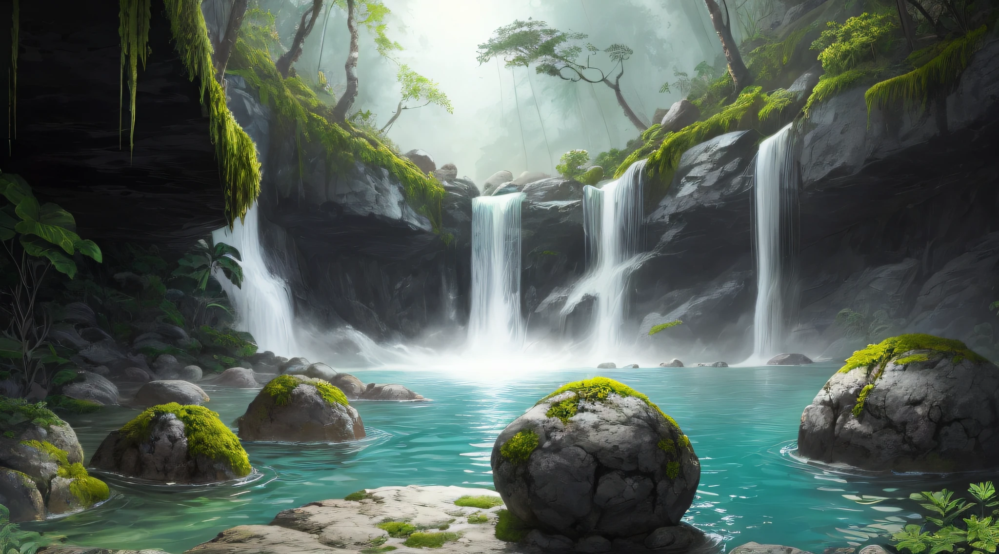 sunny tropical jungle vivid colors asymmetrical waterfall into shallow pool rough chiseled large moss covered boulders (colorful plants:1.2) volumetric fog high contrast
(masterpiece:1.2) (flat vector illustration:1.1) (best quality:1.2) (detailed) (intricate) (8k) (HDR) (wallpaper) (cinematic lighting) (sharp focus)