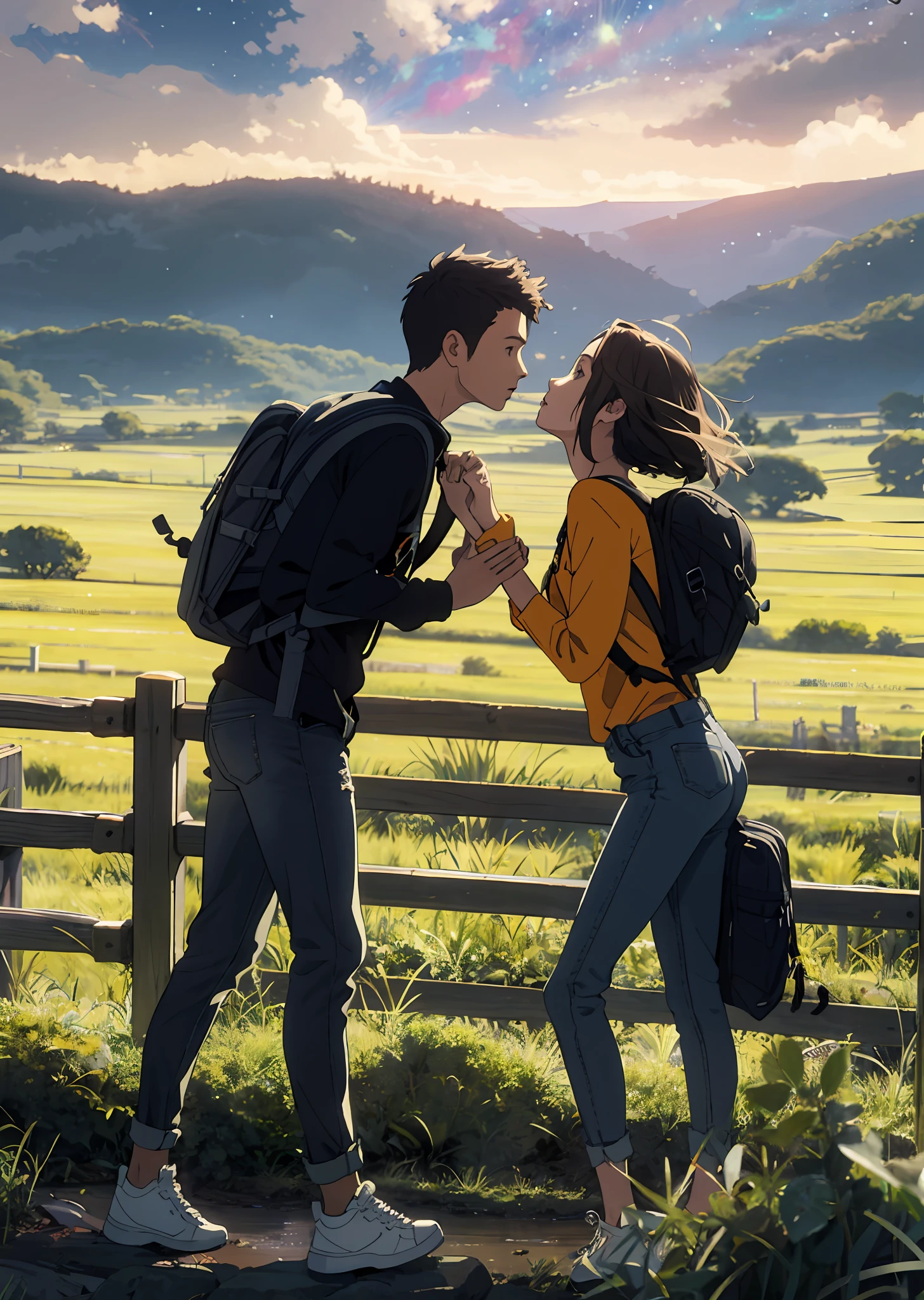 The vast starry sky, the beautiful skyline, the vast grasslands, the extremely tense and dramatic pictures, the moving visual effects, the high-hanging Polaris, and the colorful natural light. A long-sleeved top, denim shorts, and a girl with a backpack, A long-sleeved shirt, denim jeans, and a boy with a backpack, kissing, couple, love, lip kiss.