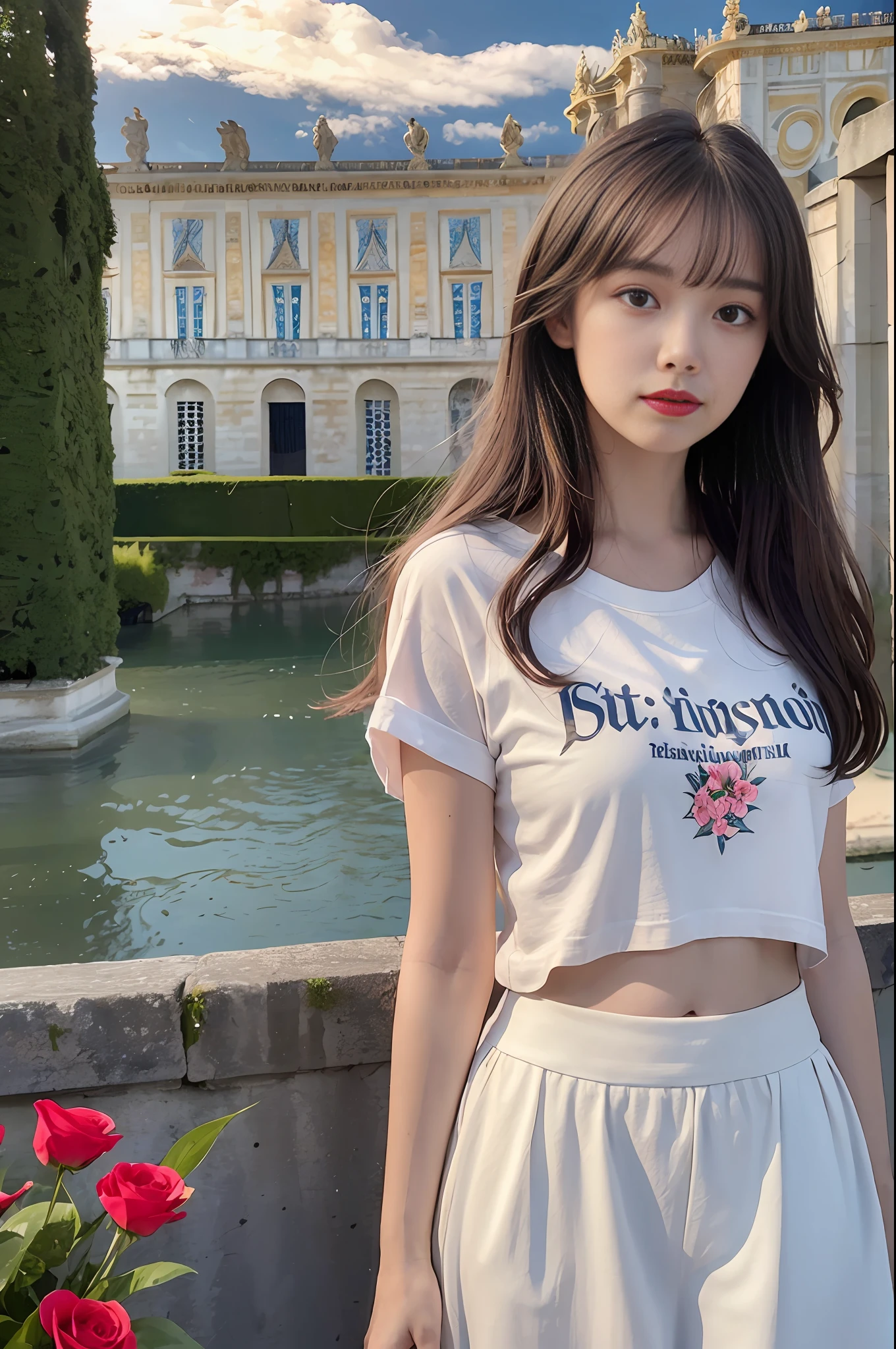 1girl,close-up,(Chateau de Versailles, Pisa Baptistery Of St. John background, Flowers,navel,crowd),night, t-shirt,, 8k, RAW photo, best quality, masterpiece,realistic, photo-realistic,