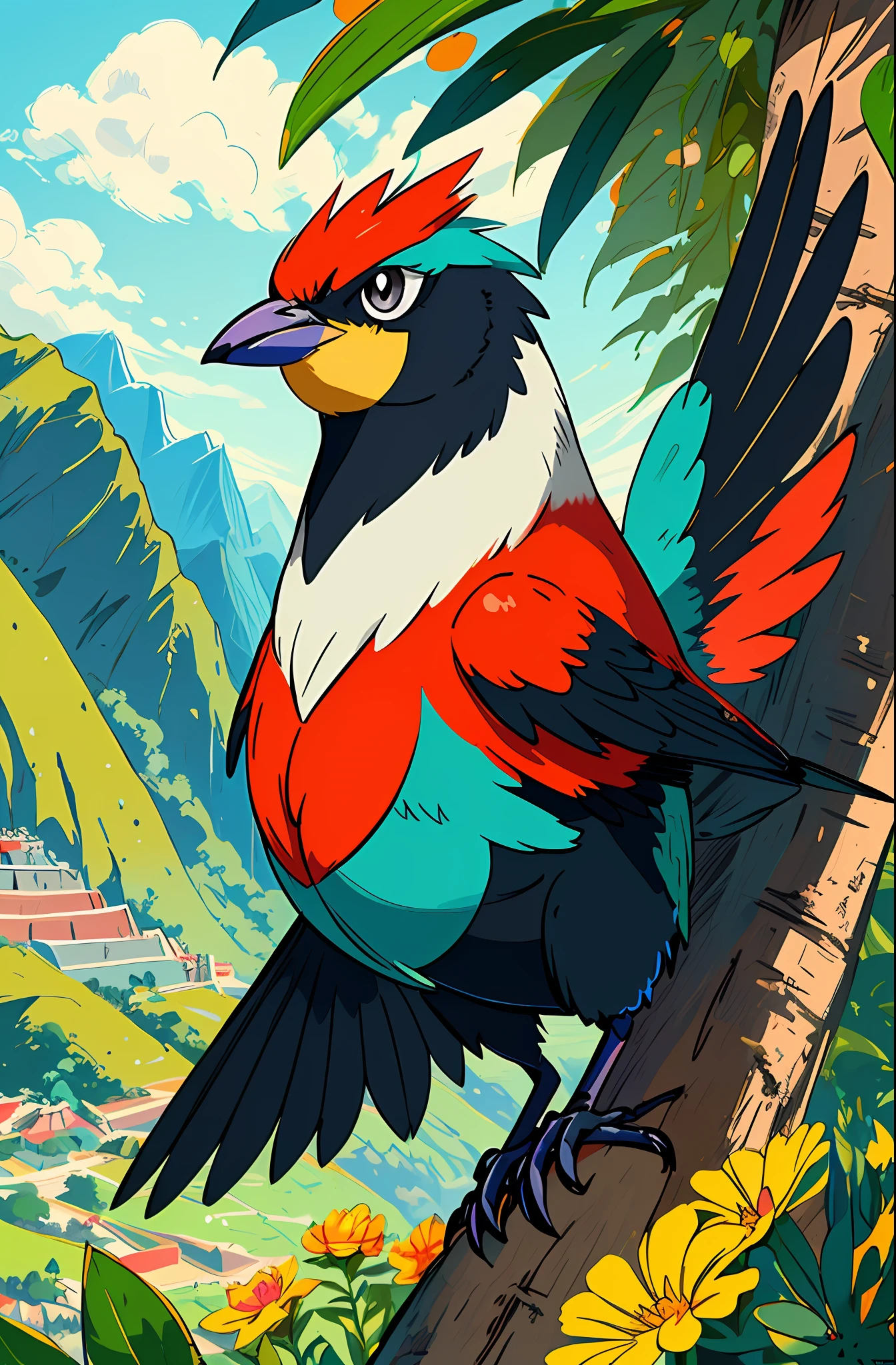 ((A vibrant Paloma bird with colors inspired by the landscapes of Peru, transformed into a unique and majestic Pokémon))