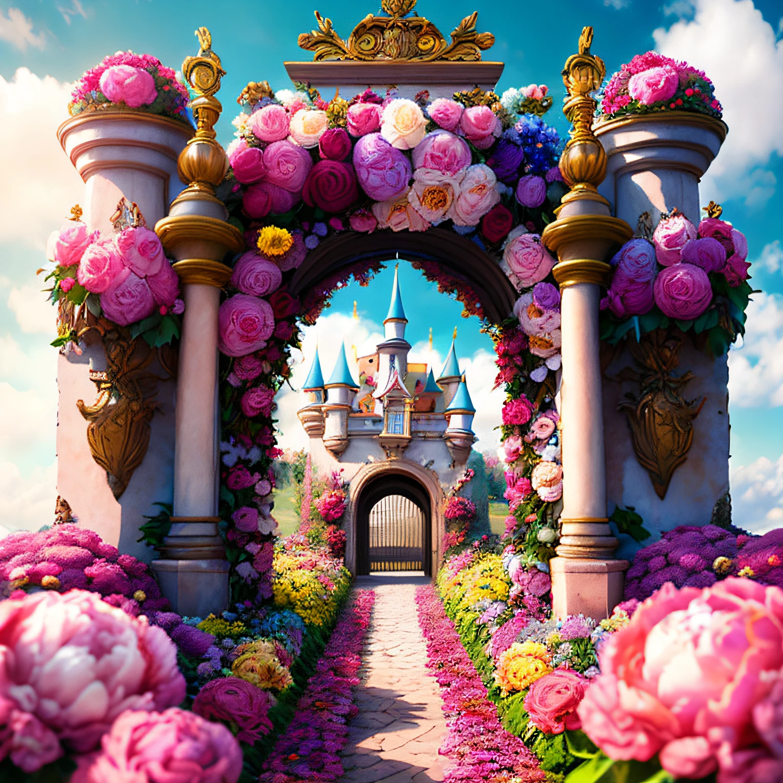 photo (FlowerGateway style:1) The entrance to the castle is surrounded by flowers, Disney, peonies