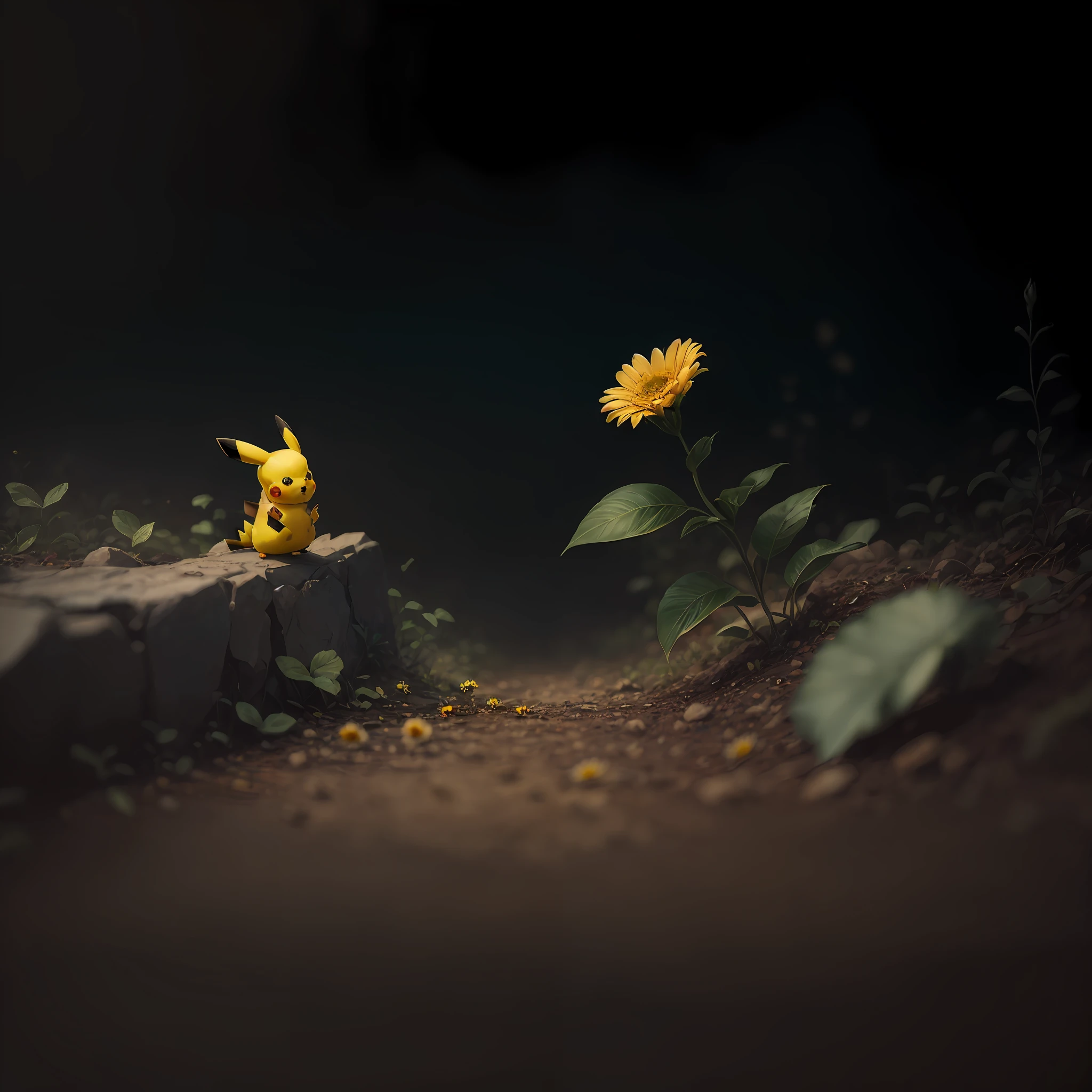 Pikachu , blur, hyperreal, flower, nature, no_humans, depth of field, to8contrast style, DARK_Glam, wearing DRK_Glam, deep shadows, (dark: 1.4) --auto