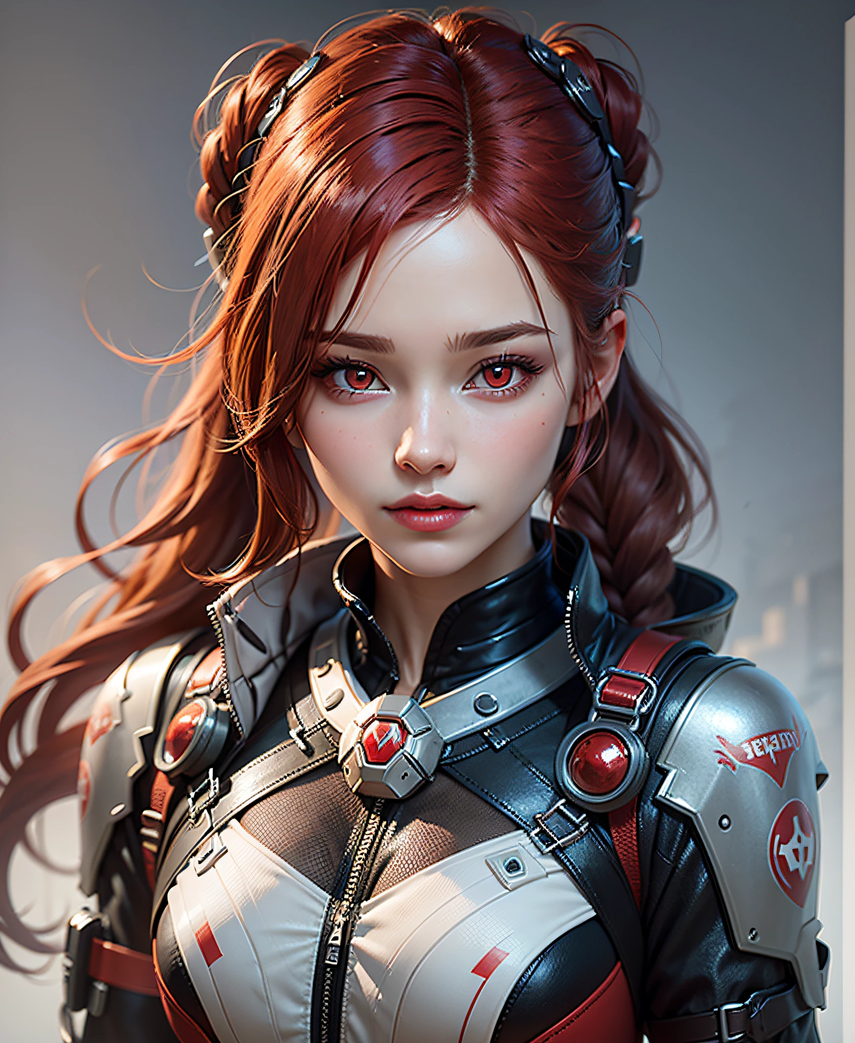 Red-haired woman with scarlet red eyes with braids, arafed dans une combinaison futuriste, echo from overwatch, inspired by Marek Okon, Smooth Digital Concept Art, Tendances sur ArtStation HD, overwatch inspired, Tendances sur ArtStation 4K, Tendances sur ArtStation HQ, deviantart artstation cgscosiety, Depuis Overwatch, tendances sur artStation:3, cgsociety masterpiece