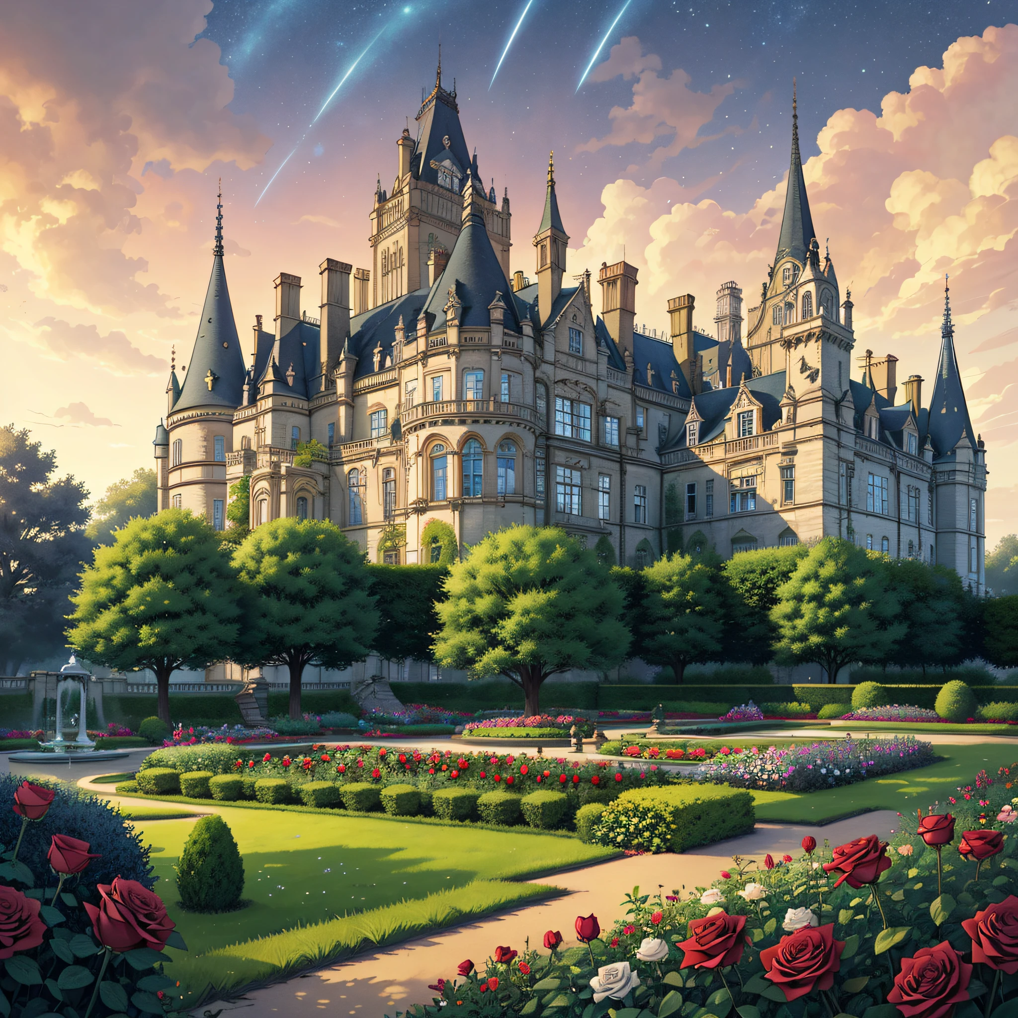 garden, full of roses, victorian, moody, stars, palace, castle, royalty, tea time