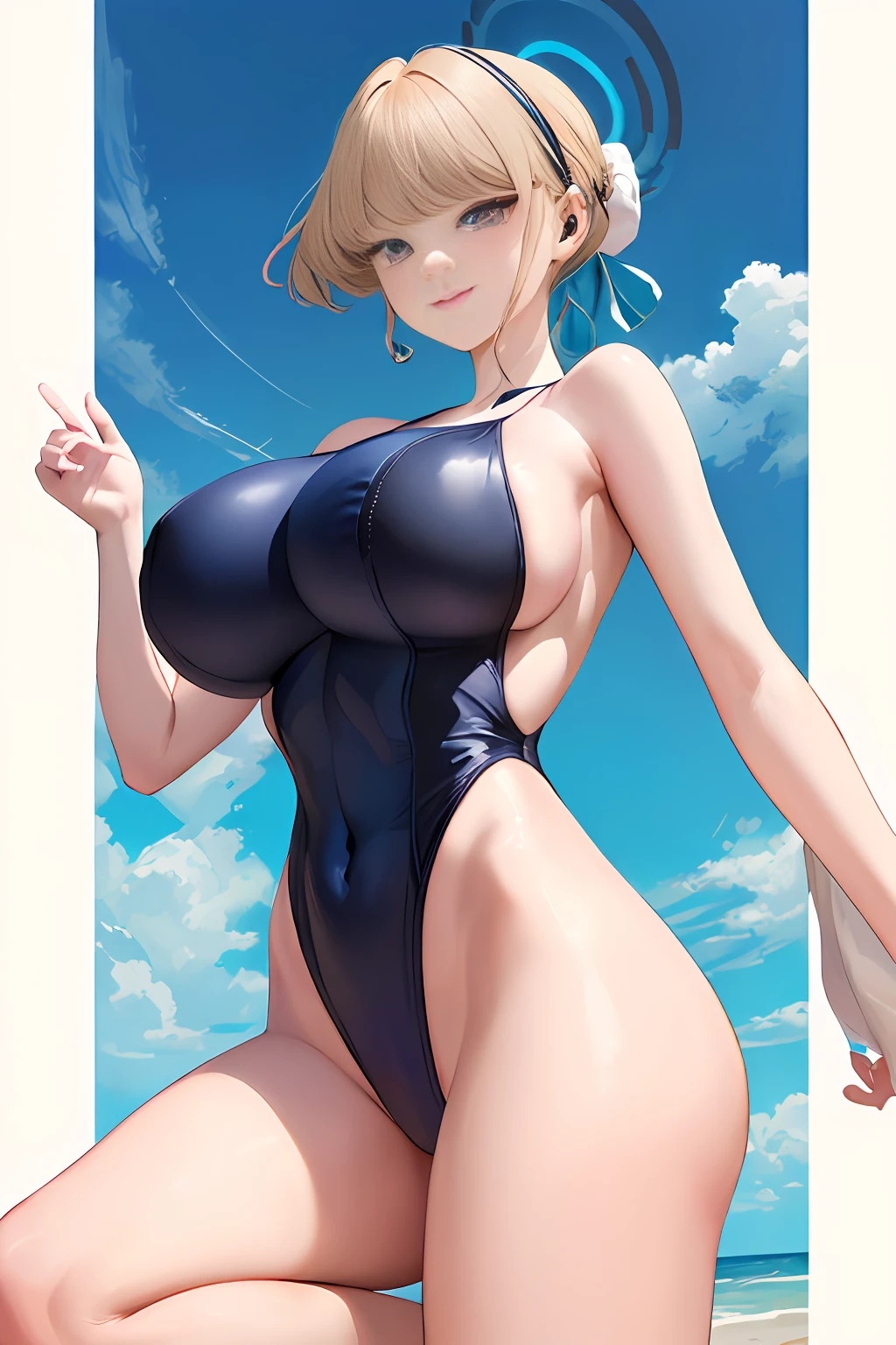 (((masterspiece、beste Quality、beste Quality、offical art、Beautifully Aesthetic:1.3)))、smile on face、a blond、(((nuda)))、(1girls:1.5)、A sexy、Supreme Details、(((leotard swimsuit)))、(shinny skin)、(many colors:1.3)、a large breast、(((huge  boobs)))、thin areola